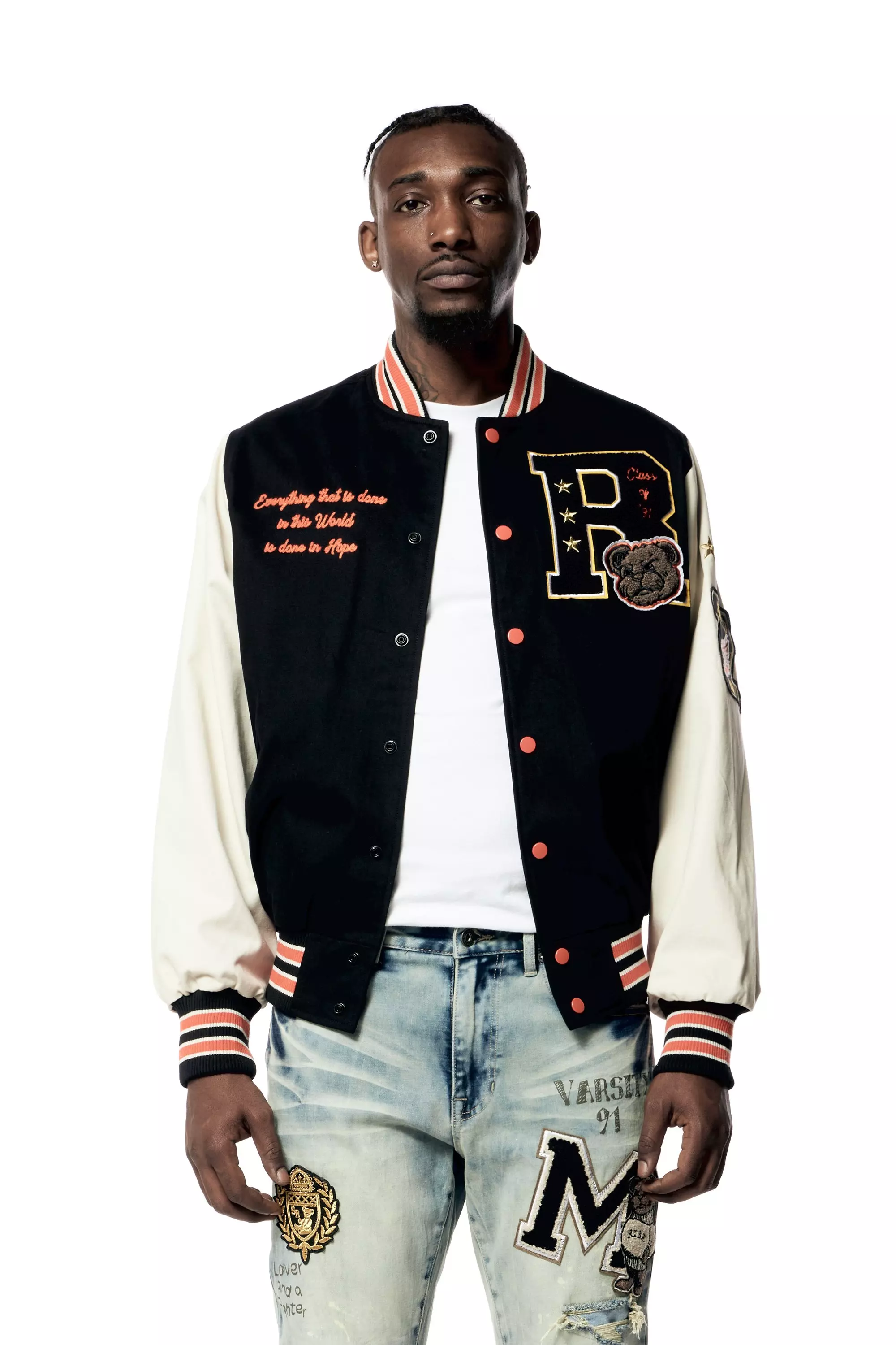 Smoke Rise Men's Twill Varsity Jacket - BLACK