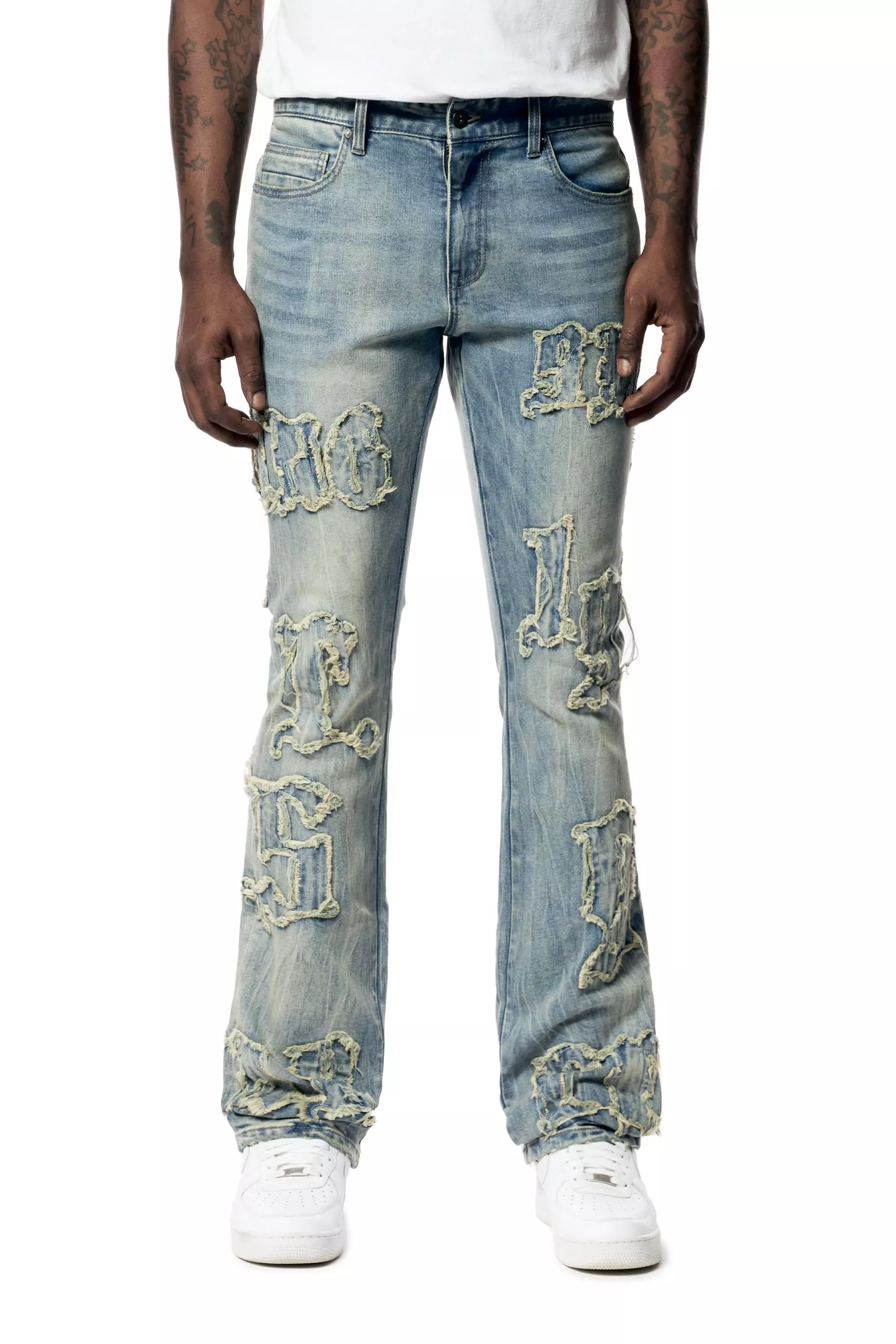 Smoke Rise Men's All Over Flared Denim Jeans - BLUE