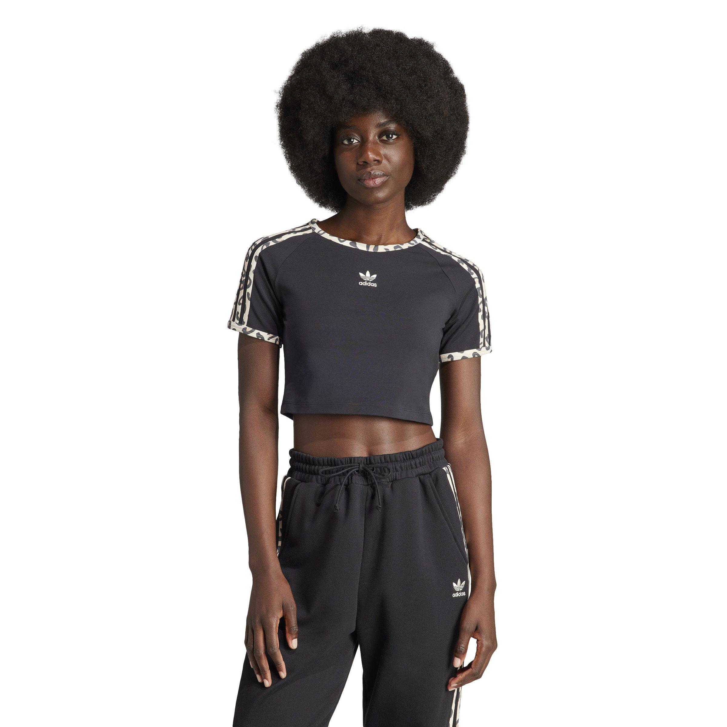 adidas Women's Leopard Luxe Baby Crop 3-Stripe Tee - BLACK