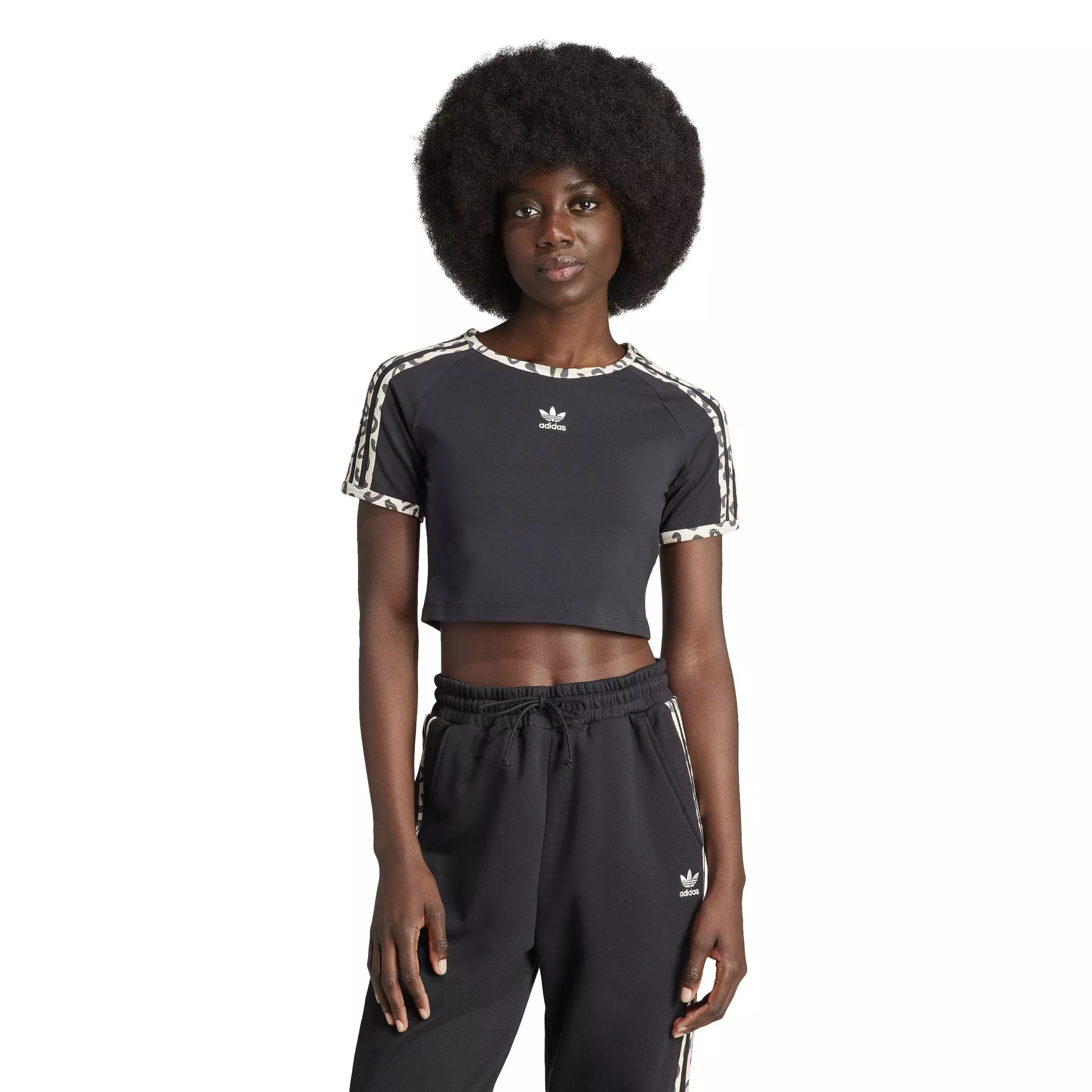 adidas Women's Leopard Luxe Baby Crop 3-Stripe Tee - BLACK