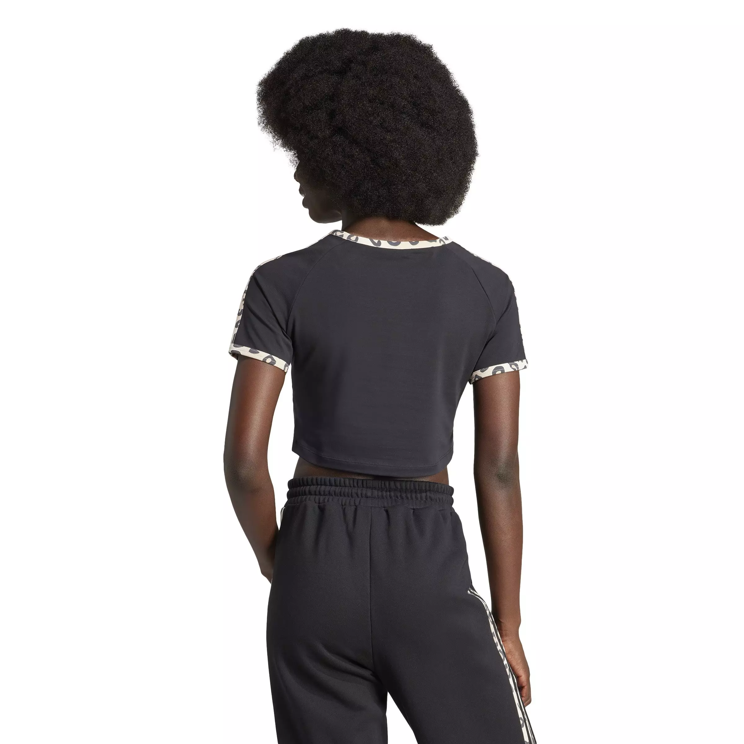 adidas Women's Leopard Luxe Baby Crop 3-Stripe Tee - BLACK