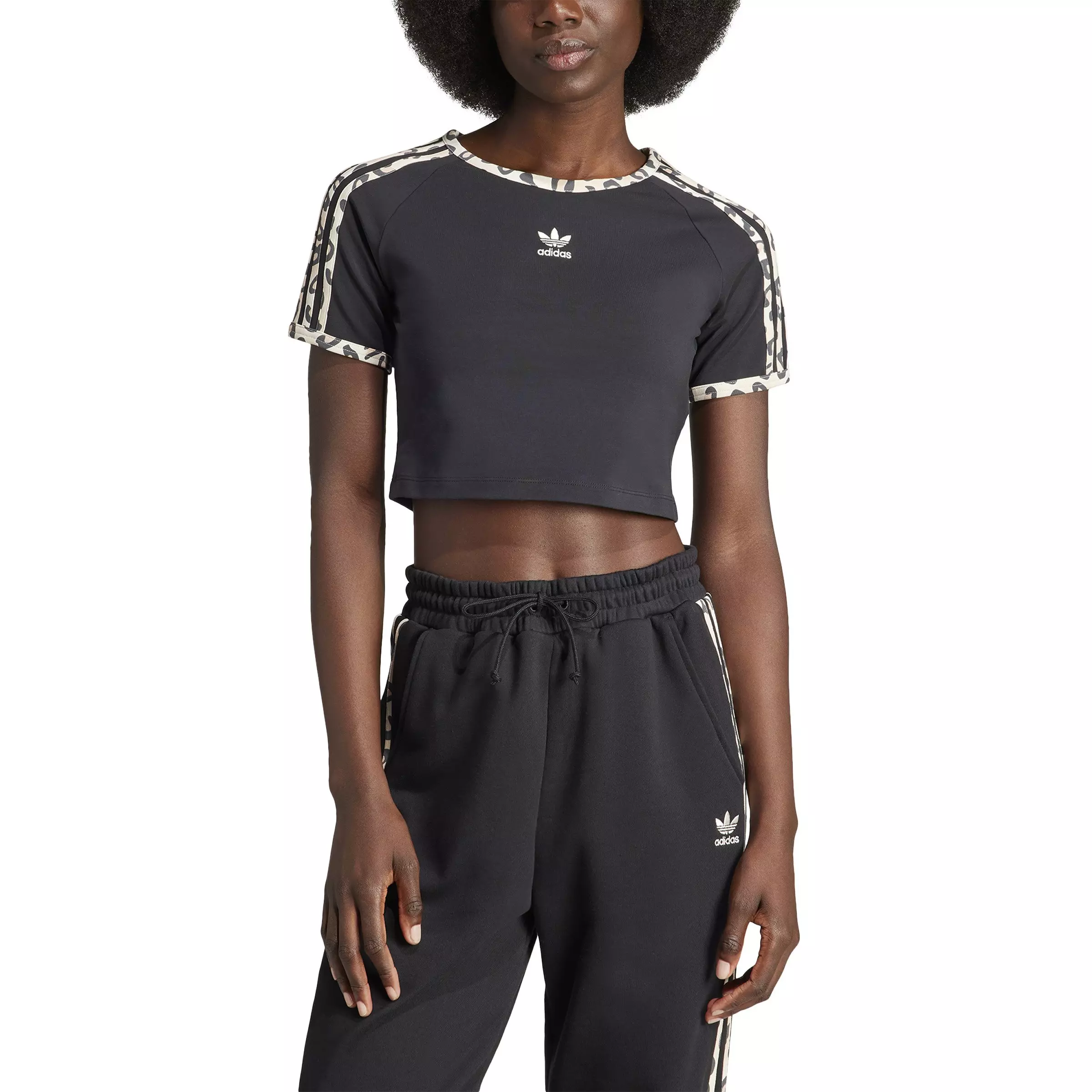 adidas Women's Leopard Luxe Baby Crop 3-Stripe Tee - BLACK