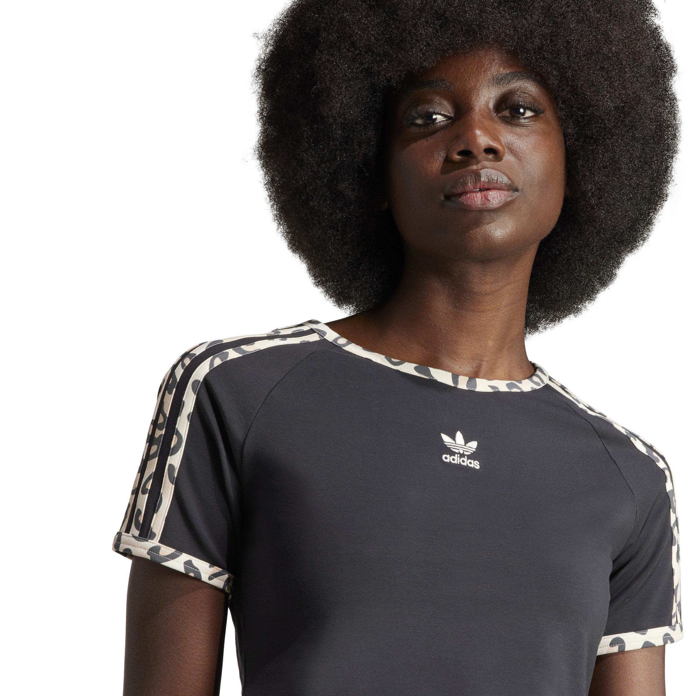 adidas Women's Leopard Luxe Baby Crop 3-Stripe Tee - BLACK