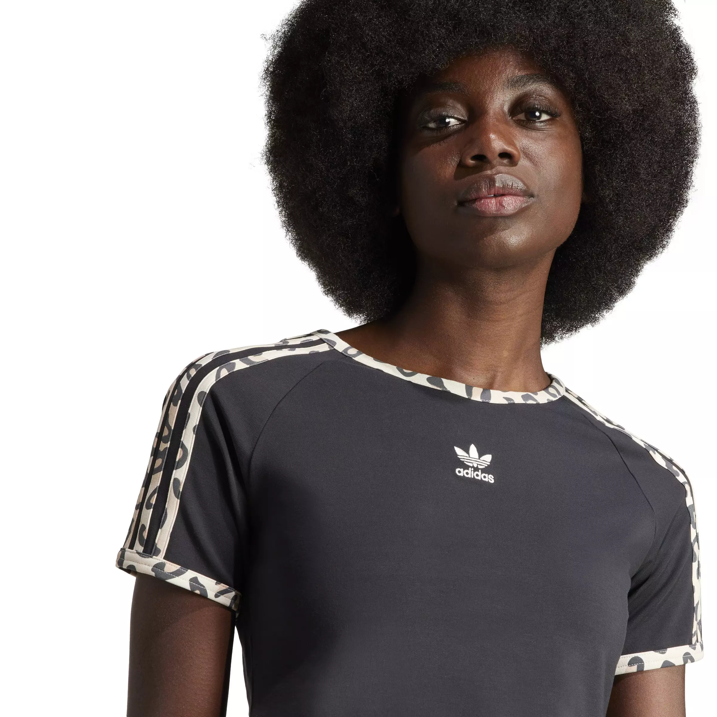 adidas Women's Leopard Luxe Baby Crop 3-Stripe Tee - BLACK