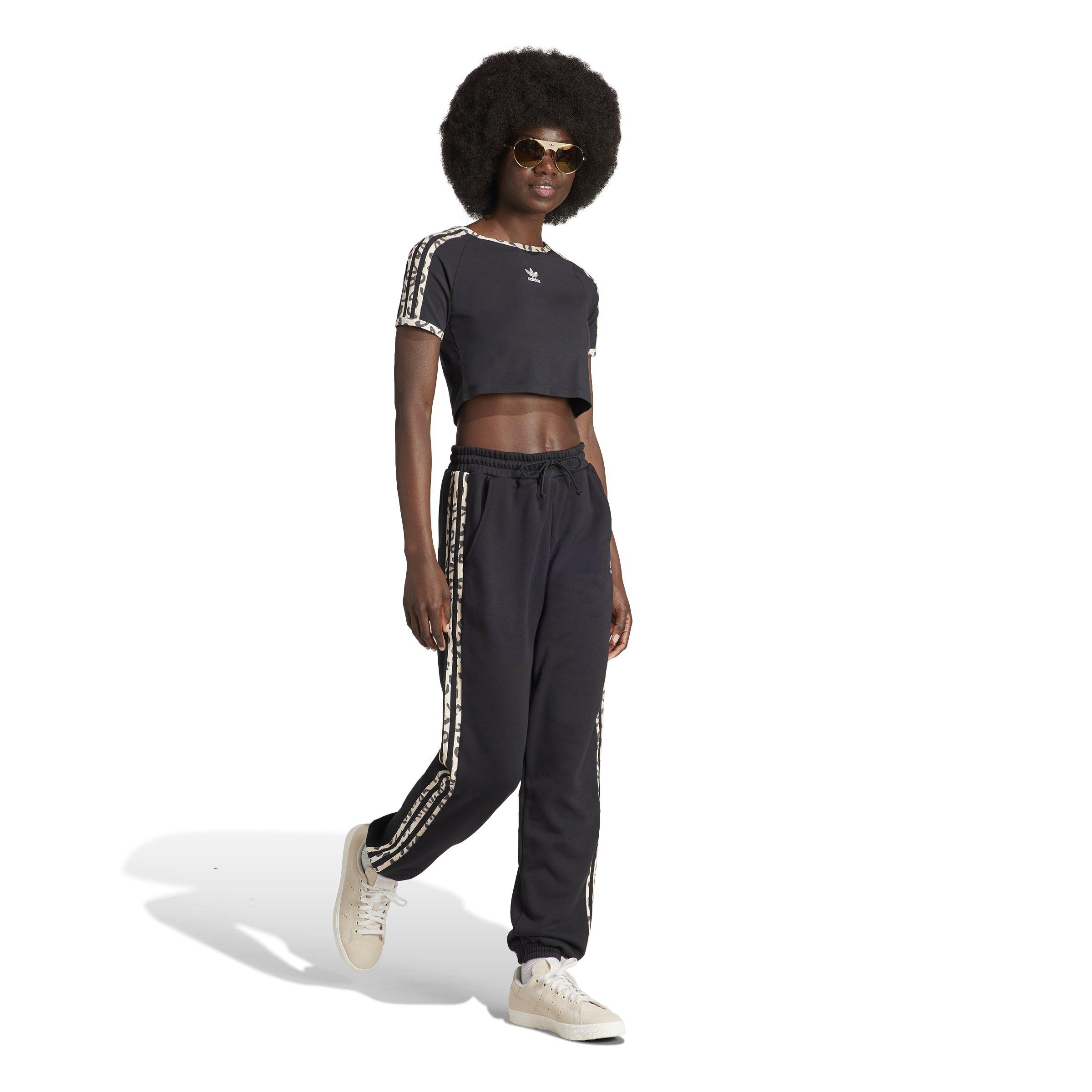 adidas Women's Leopard Luxe Baby Crop 3-Stripe Tee - BLACK