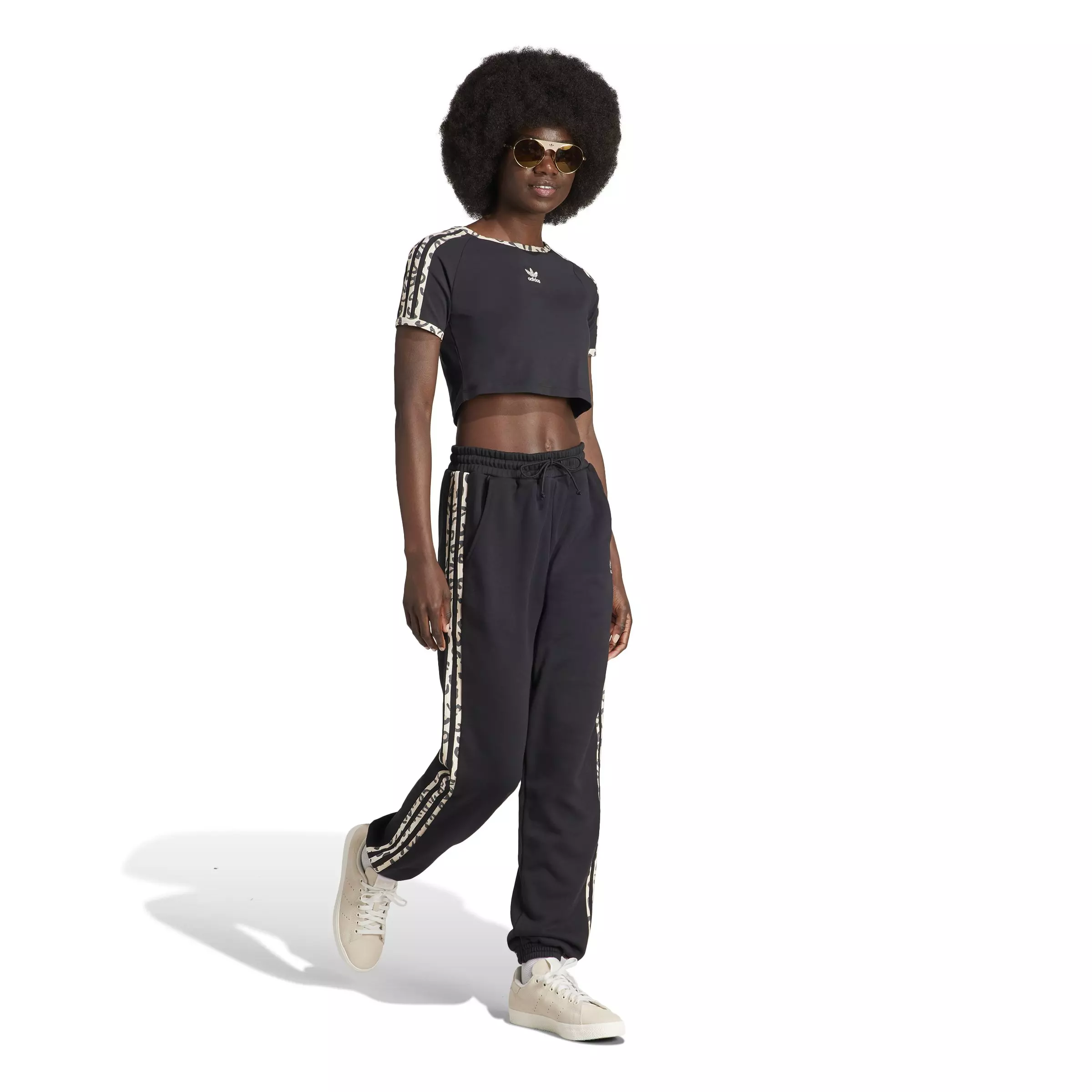 adidas Women's Leopard Luxe Baby Crop 3-Stripe Tee - BLACK