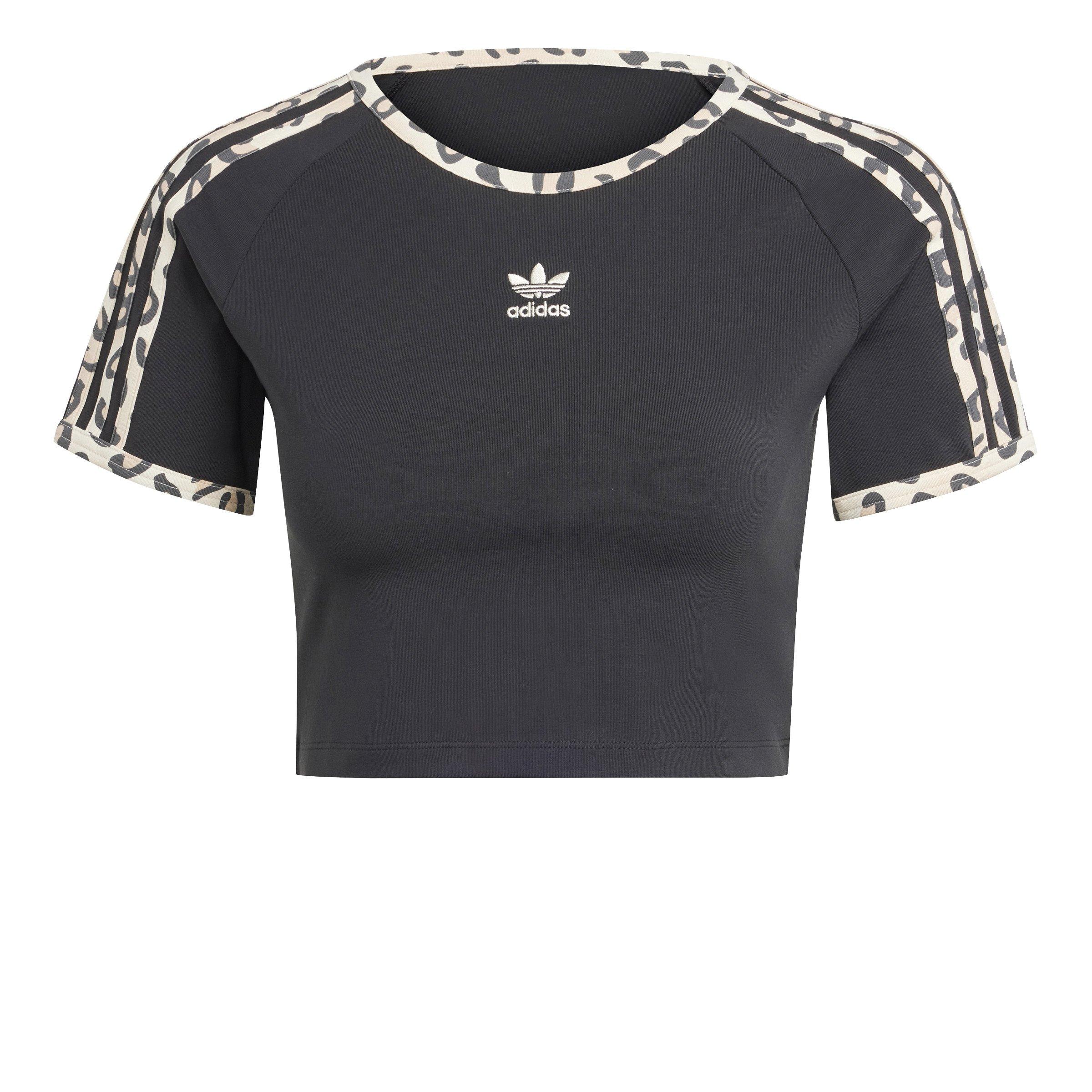 adidas Women's Leopard Luxe Baby Crop 3-Stripe Tee - BLACK