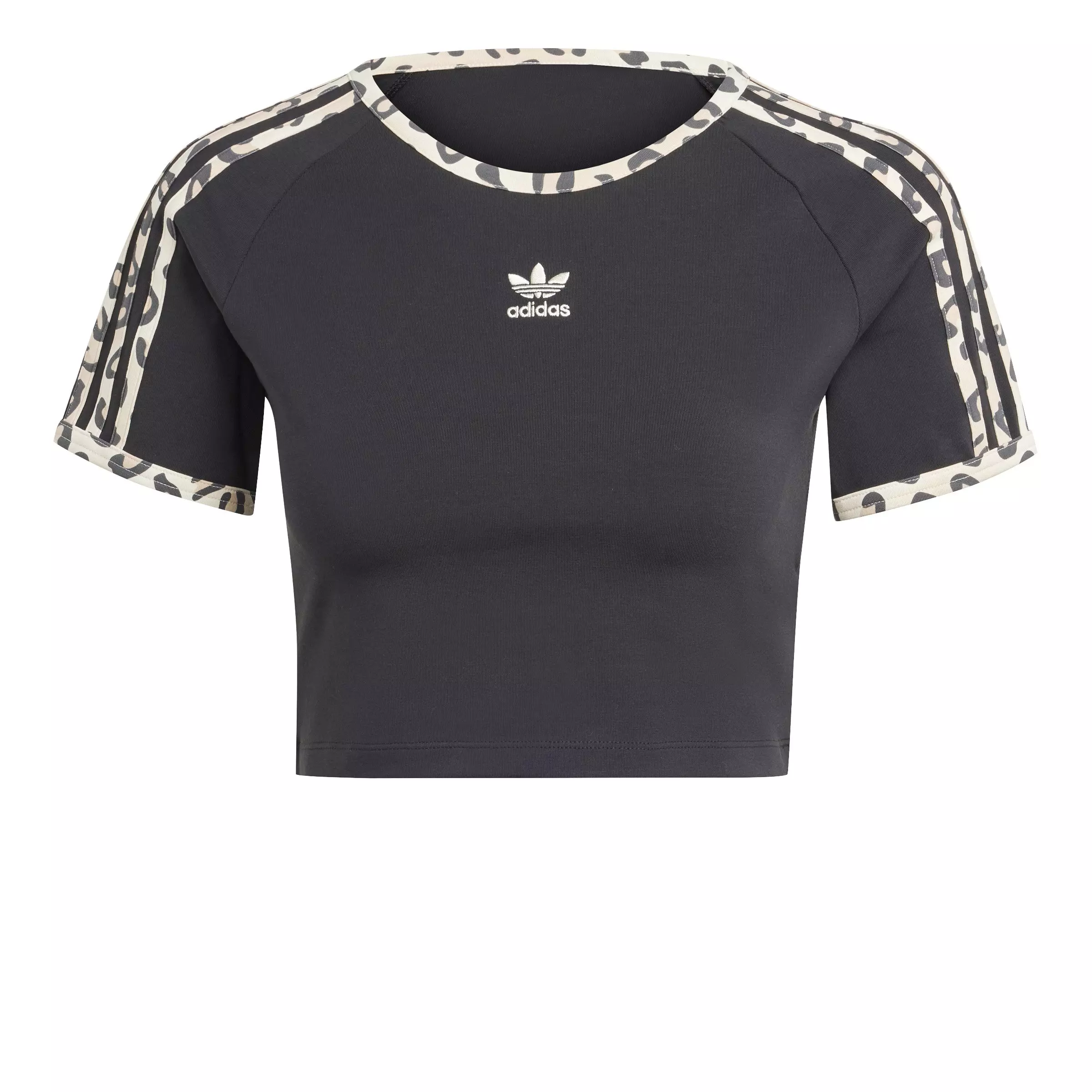 adidas Women's Leopard Luxe Baby Crop 3-Stripe Tee - BLACK