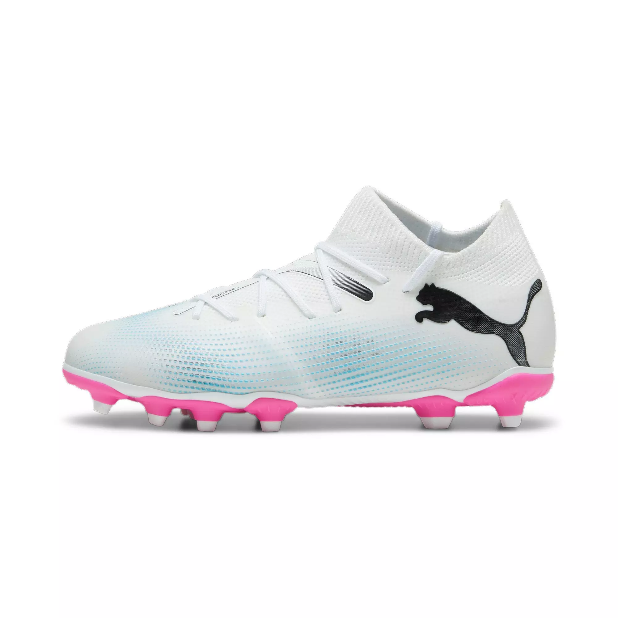 PUMA Future 7 Match "White/Poison Pink/Blue" Grade School Kids' Soccer Cleat - WHITE/BLUE/PINK
