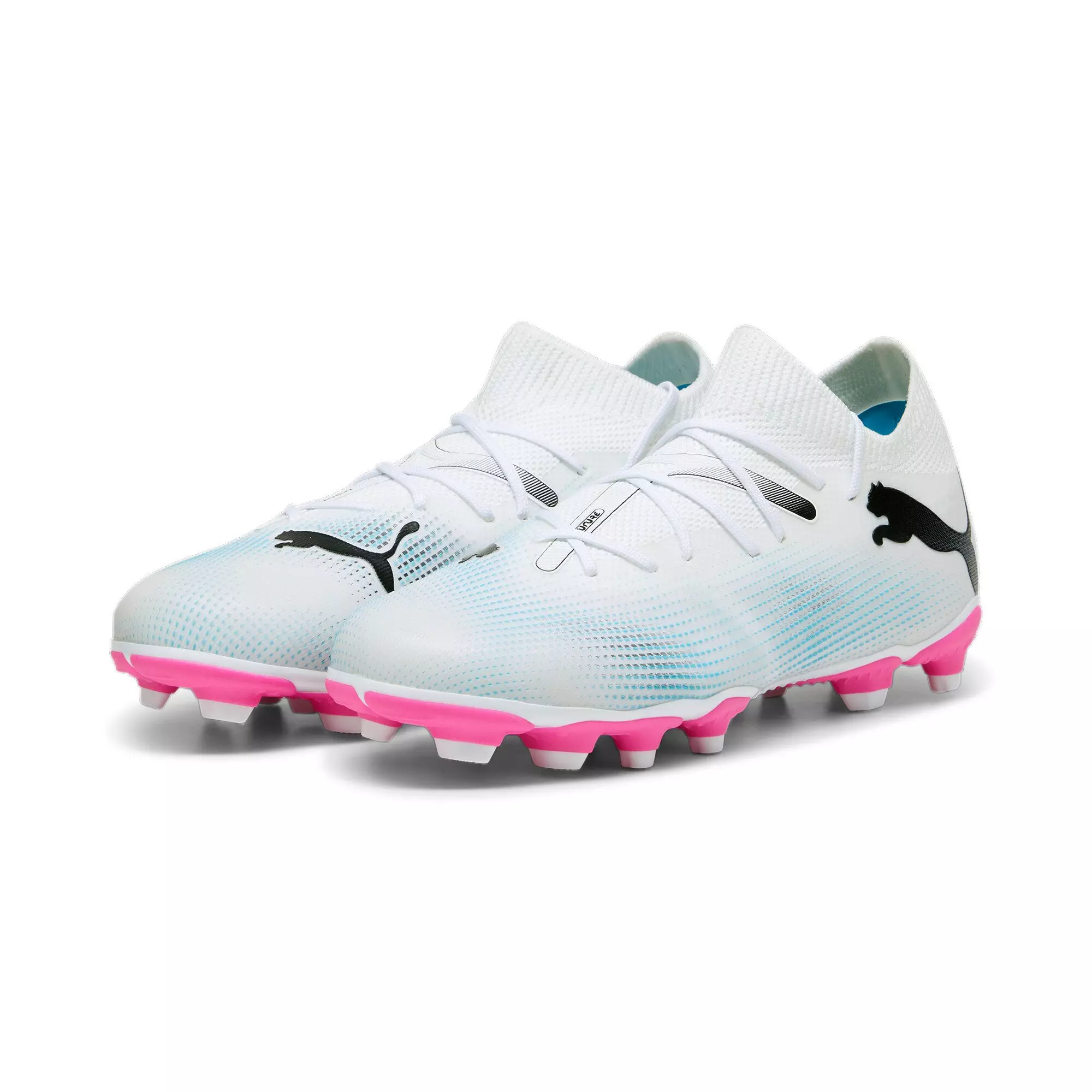 PUMA Future 7 Match "White/Poison Pink/Blue" Grade School Kids' Soccer Cleat - WHITE/BLUE/PINK