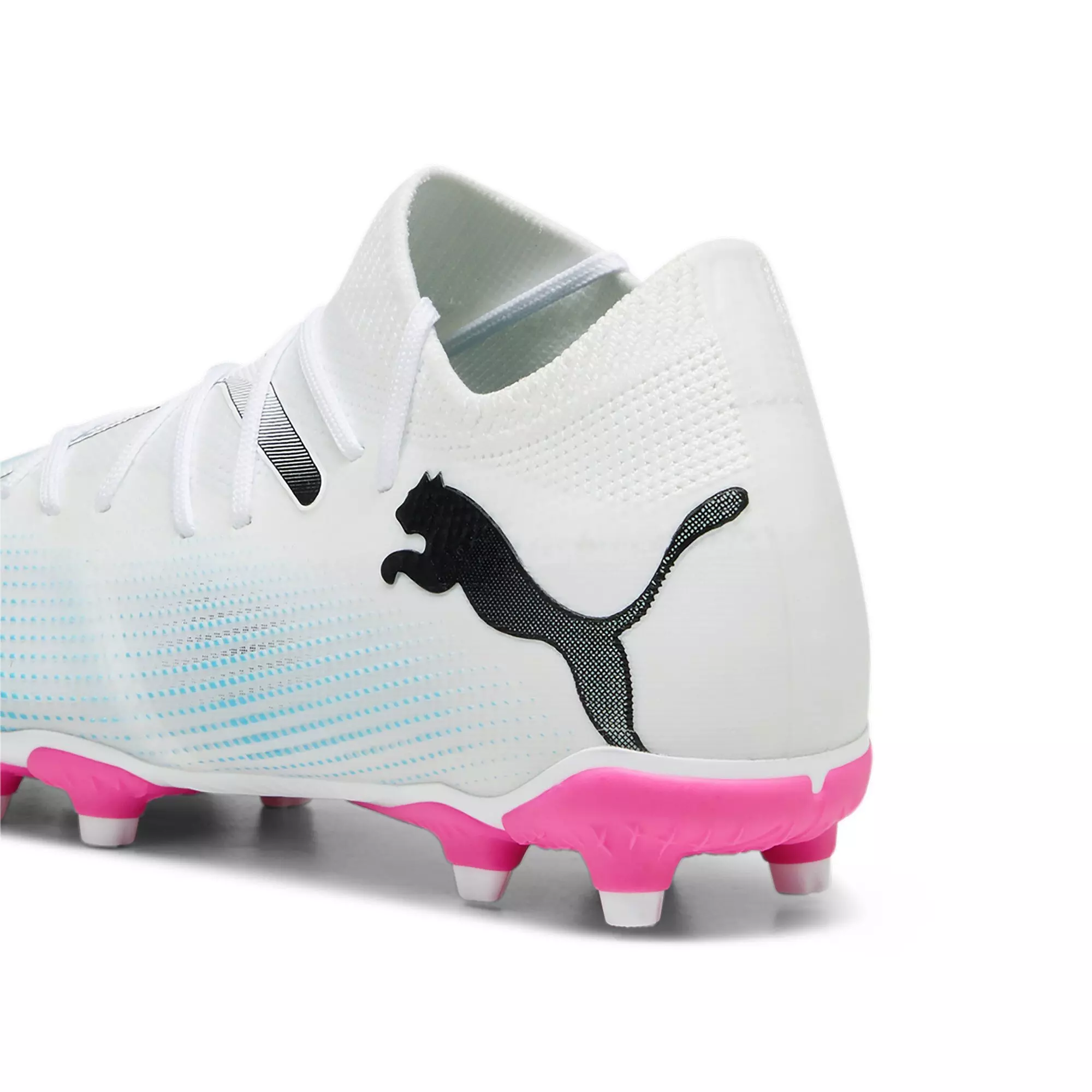 PUMA Future 7 Match "White/Poison Pink/Blue" Grade School Kids' Soccer Cleat - WHITE/BLUE/PINK