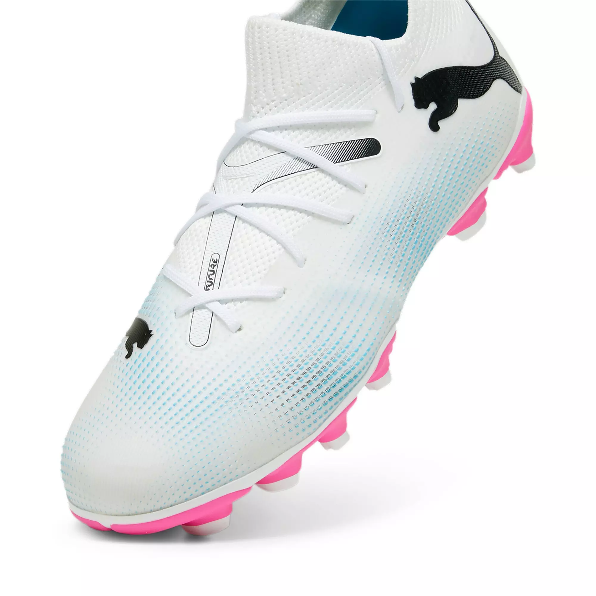 PUMA Future 7 Match "White/Poison Pink/Blue" Grade School Kids' Soccer Cleat - WHITE/BLUE/PINK