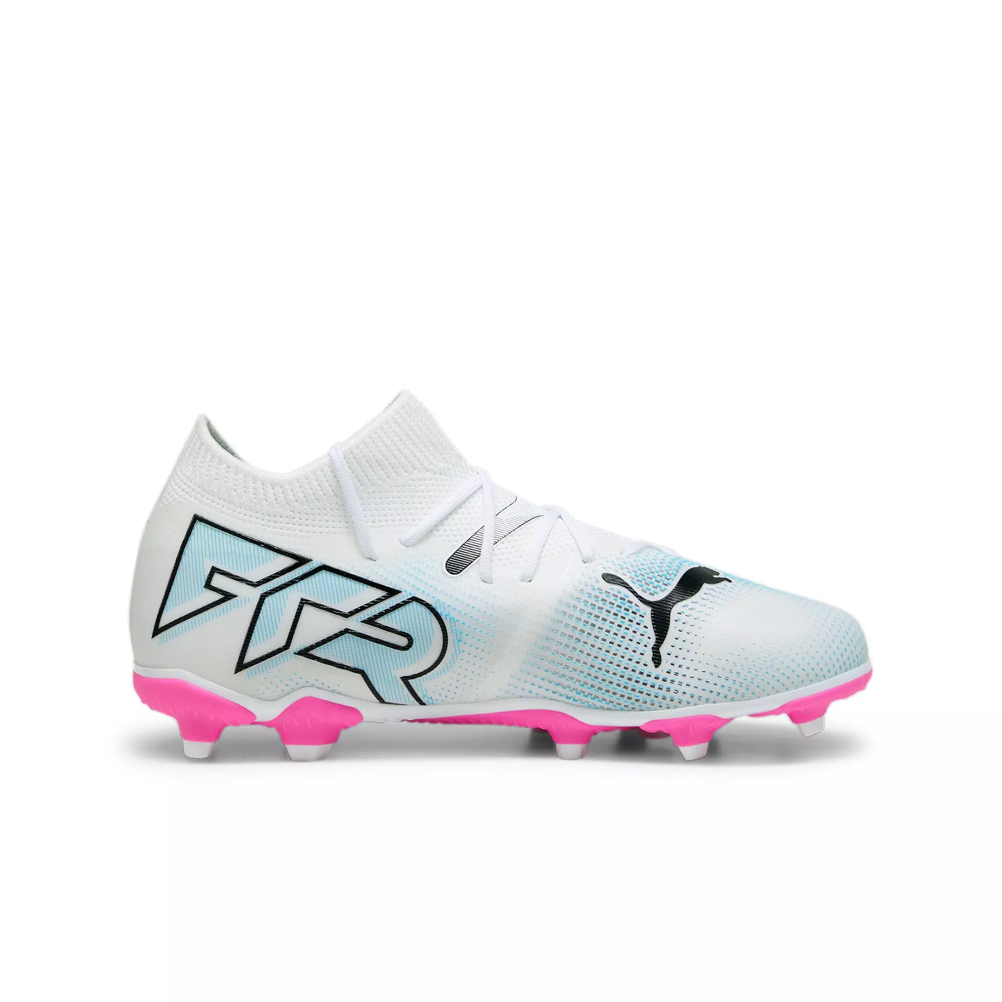PUMA Future 7 Match "White/Poison Pink/Blue" Grade School Kids' Soccer Cleat - WHITE/BLUE/PINK