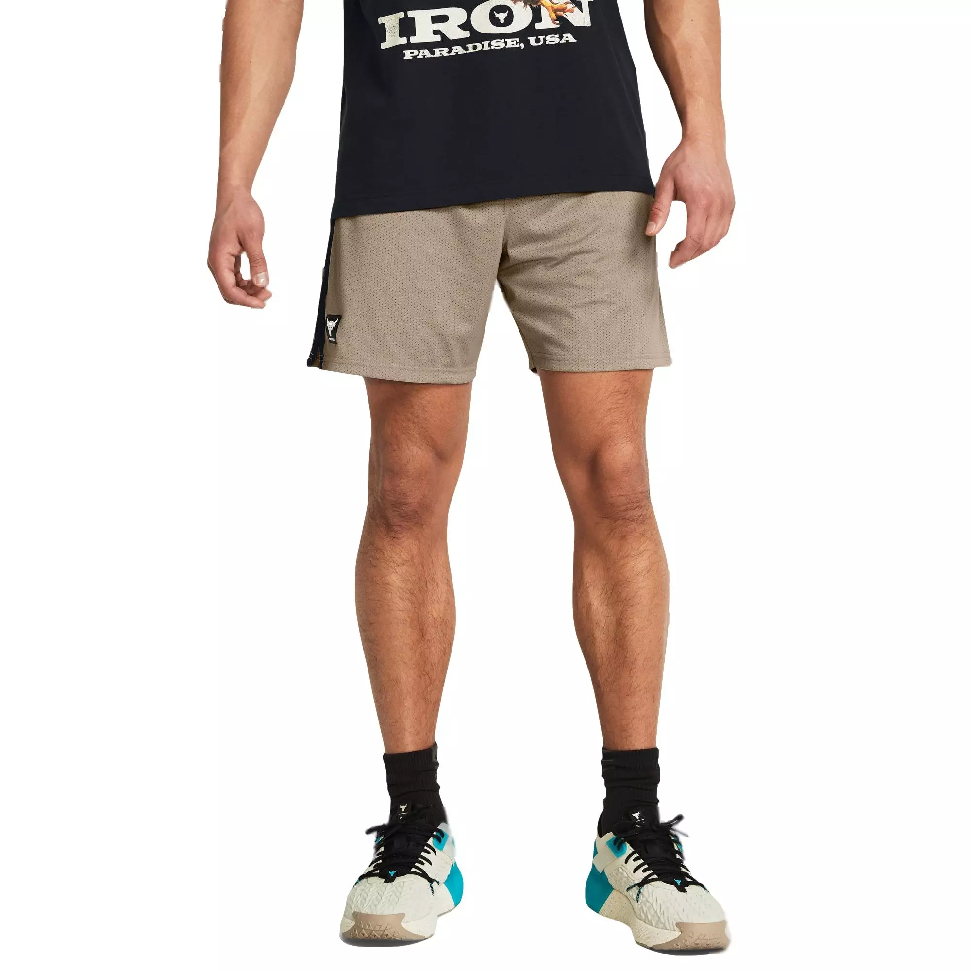 Under Armour Men's Project Rock Payoff Mesh Shorts - Taupe - TAN/BLACK