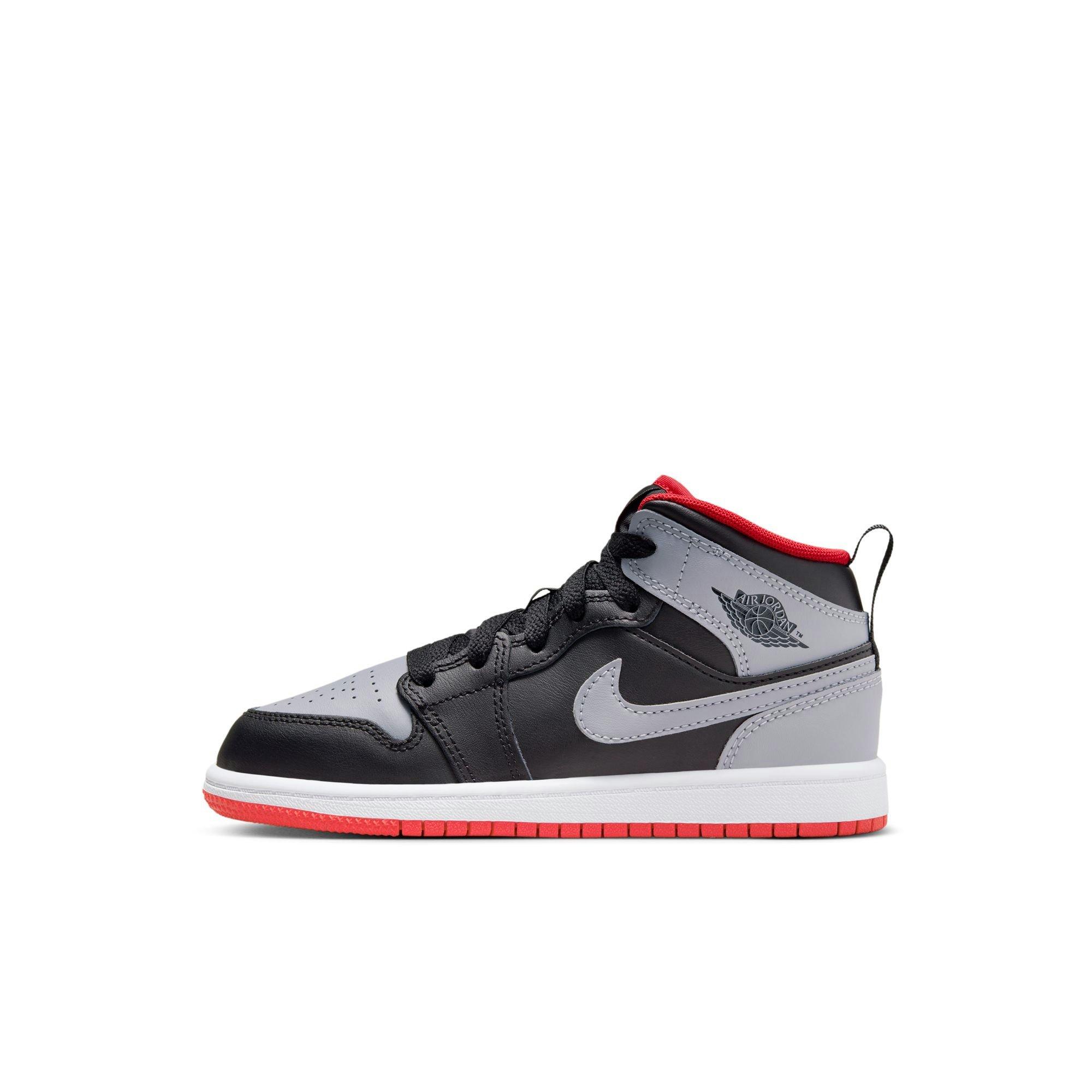 Jordan 1 Mid "Black/Cement Grey/Fire Red/White" Preschool Boys' Shoe - GREY/BLACK/RED Thumbnail View 3