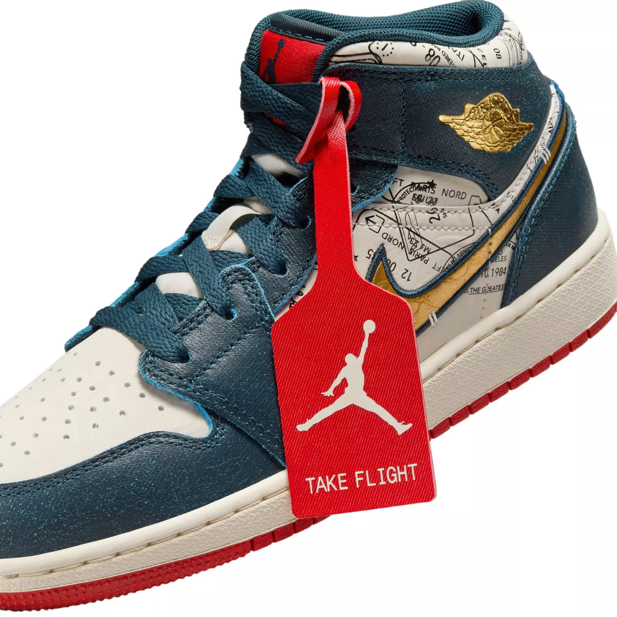 Jordan 1 Mid SE "Armory Navy/Metallic Gold/Pale Ivory" Grade School Boys' Shoe - NAVY/WHITE/RED
