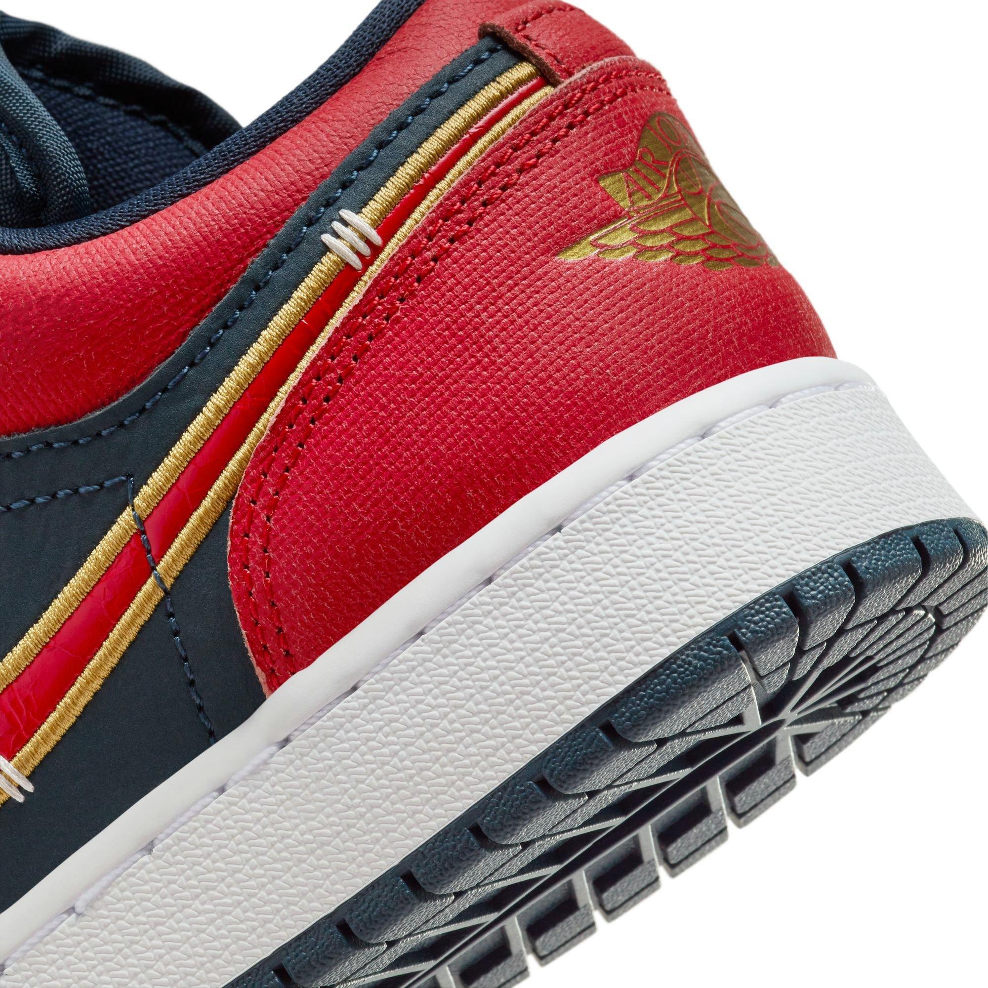 Jordan 1 Low SE Grade School Boys' "Armory Navy/Sport Red/Metallic Gold" Shoe