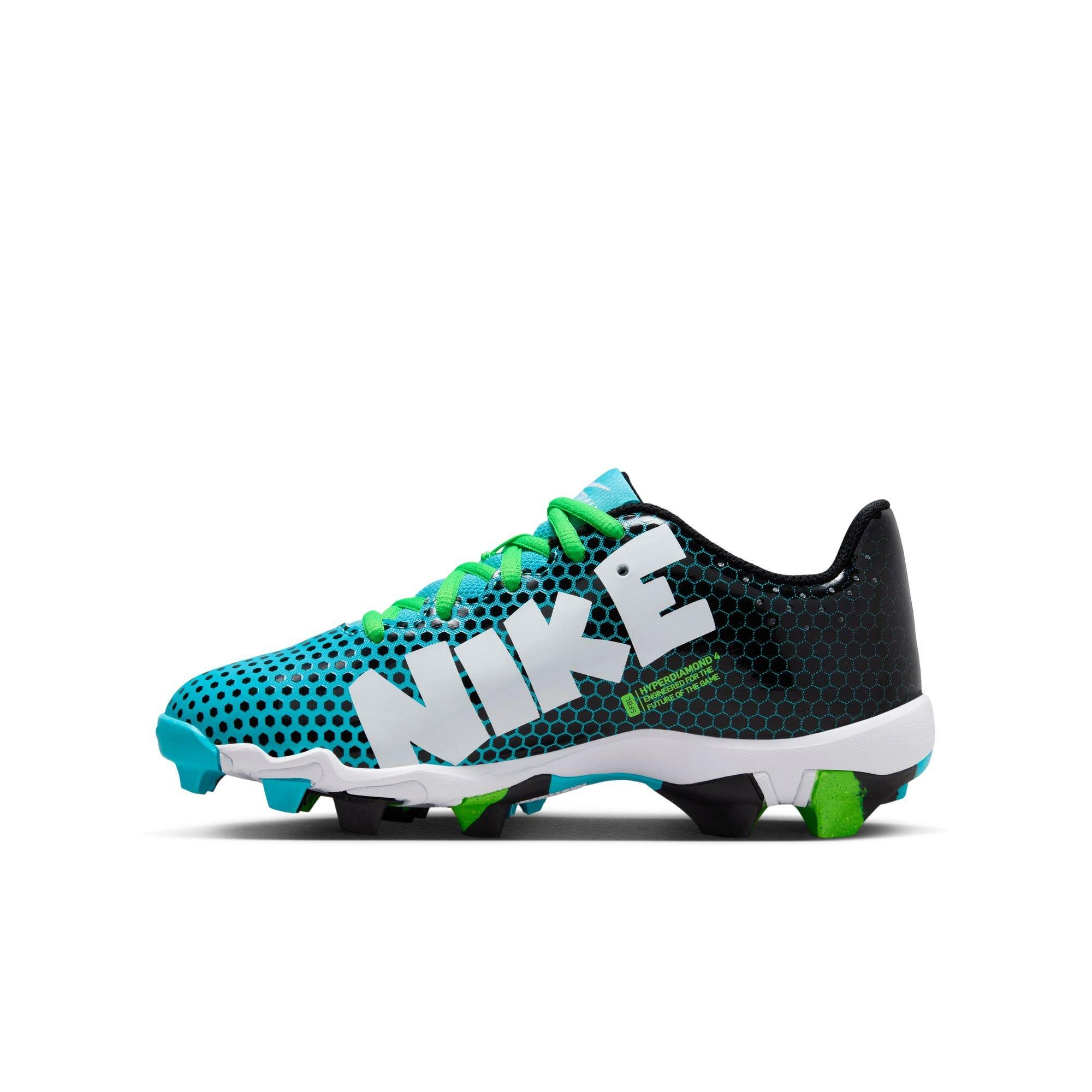 Nike Hyperdiamond 4 Keystone GG "Black/White/Baltic Blue/Green Strike" Preschool Girls' Softball Cleat
