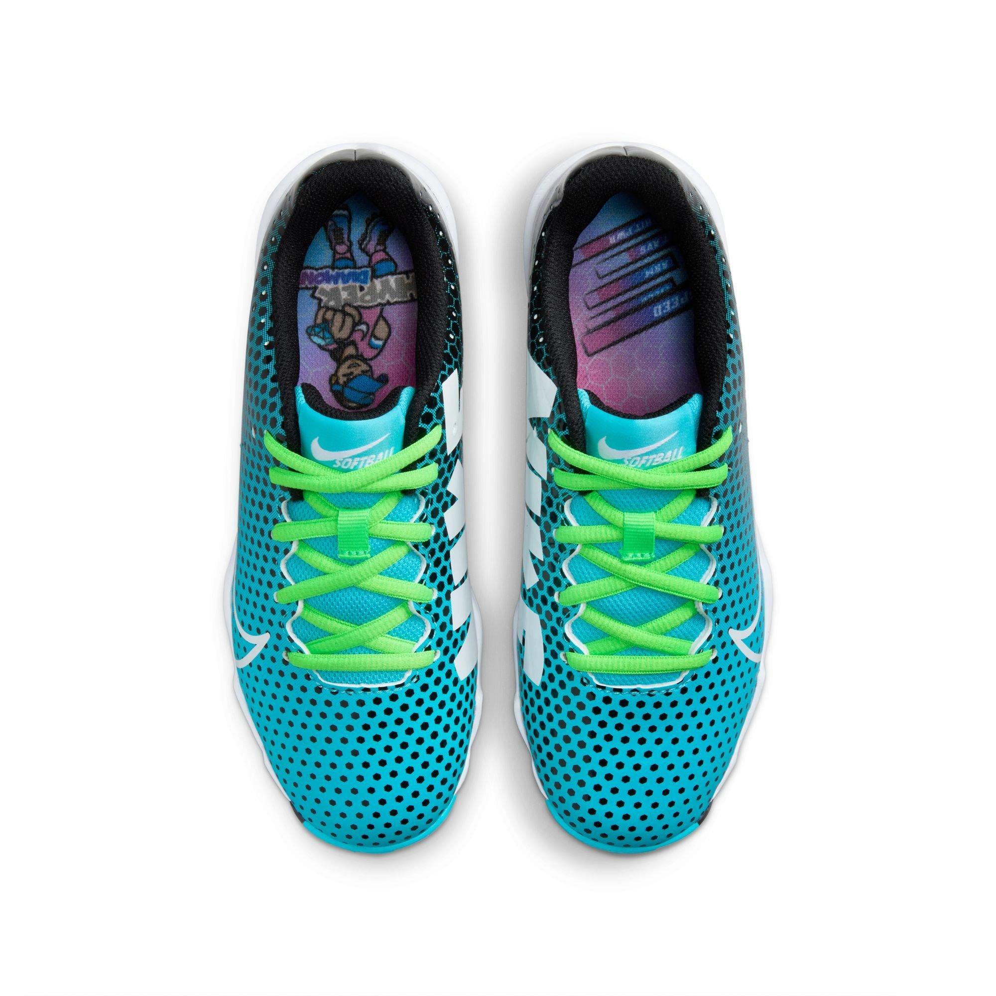 Nike Hyperdiamond 4 Keystone GG "Black/White/Baltic Blue/Green Strike" Preschool Girls' Softball Cleat