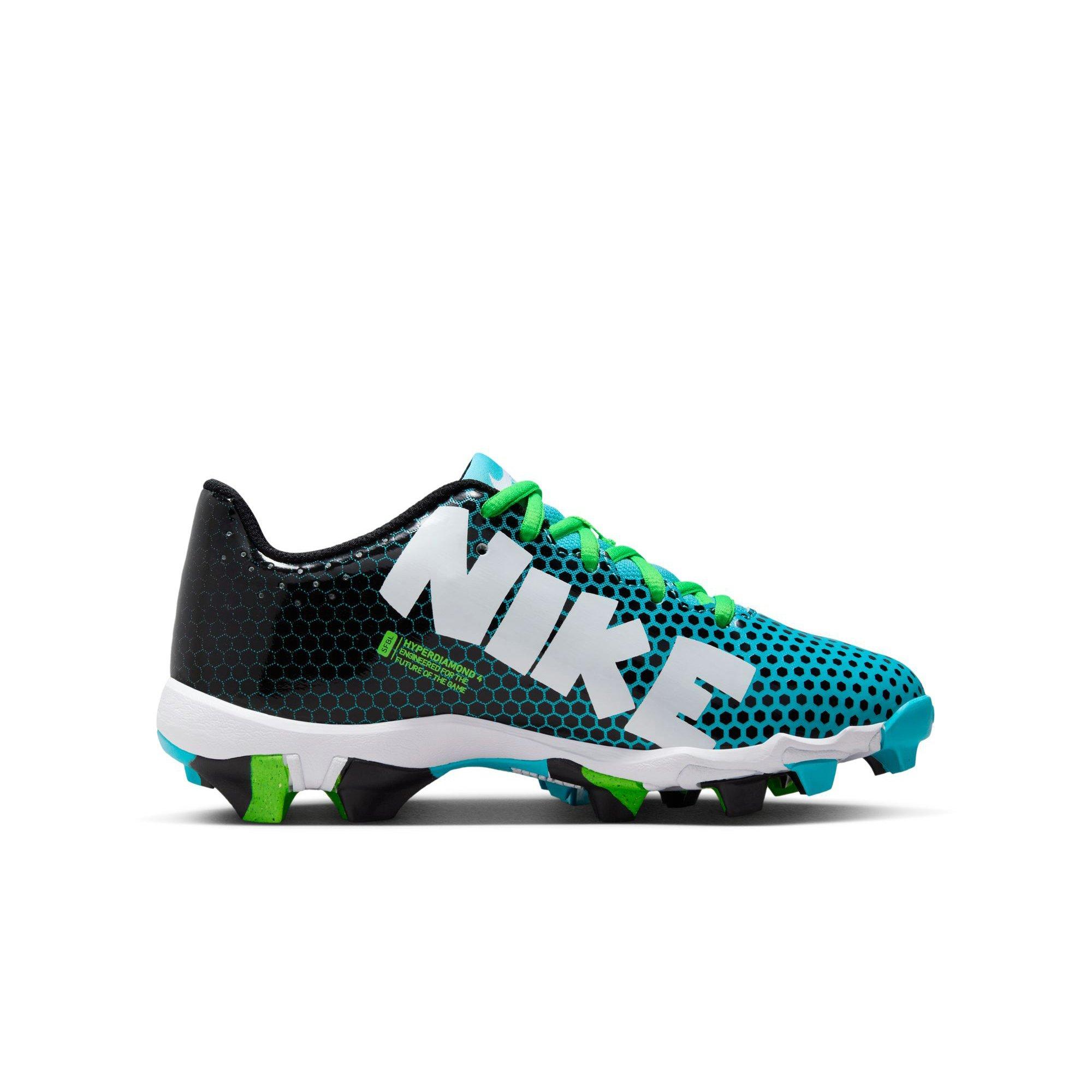 Nike Hyperdiamond 4 Keystone GG "Black/White/Baltic Blue/Green Strike" Preschool Girls' Softball Cleat