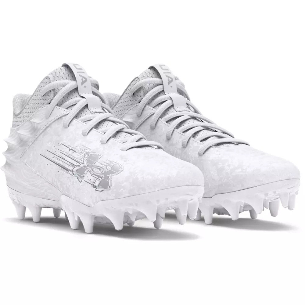 Under Armour Blur Smoke Jr Mid "White/Silver" Grade School Boys' Football Cleat - WHITE/SILVER