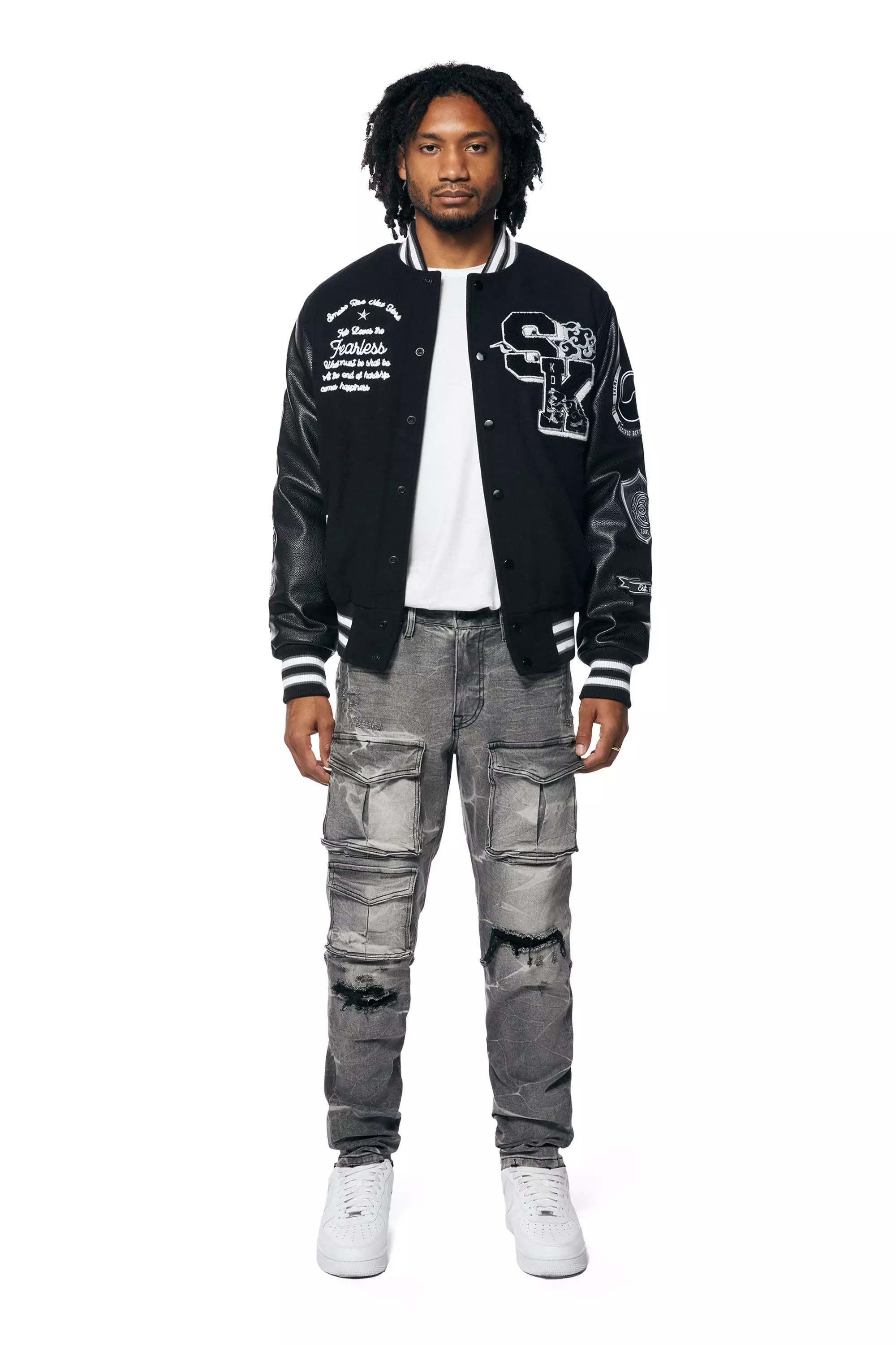 Smoke Rise Men's Melton Varsity Jacket - Black - BLACK/WHITE