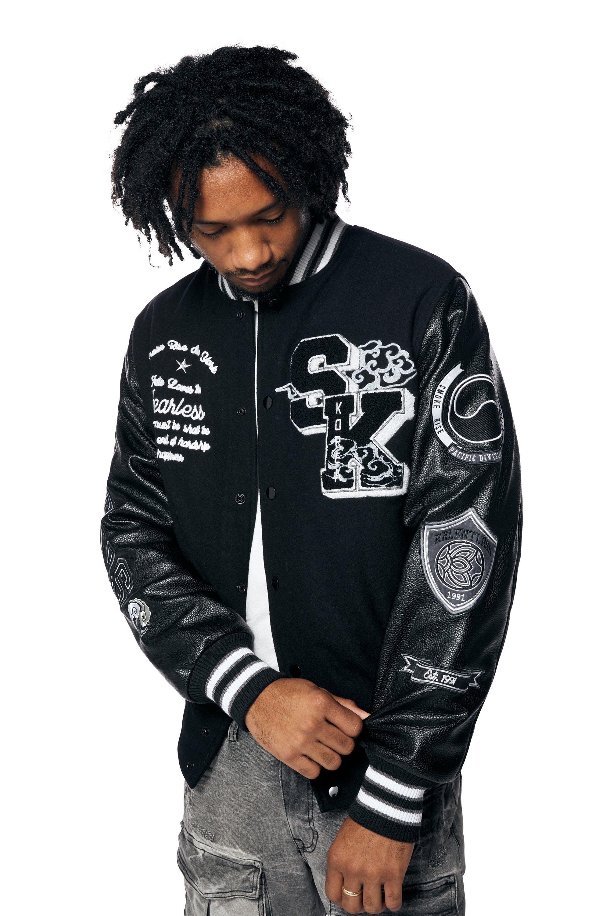  Smoke Rise Melton/Vegan Leather Varsity Jacket - Black :  Clothing, Shoes & Jewelry