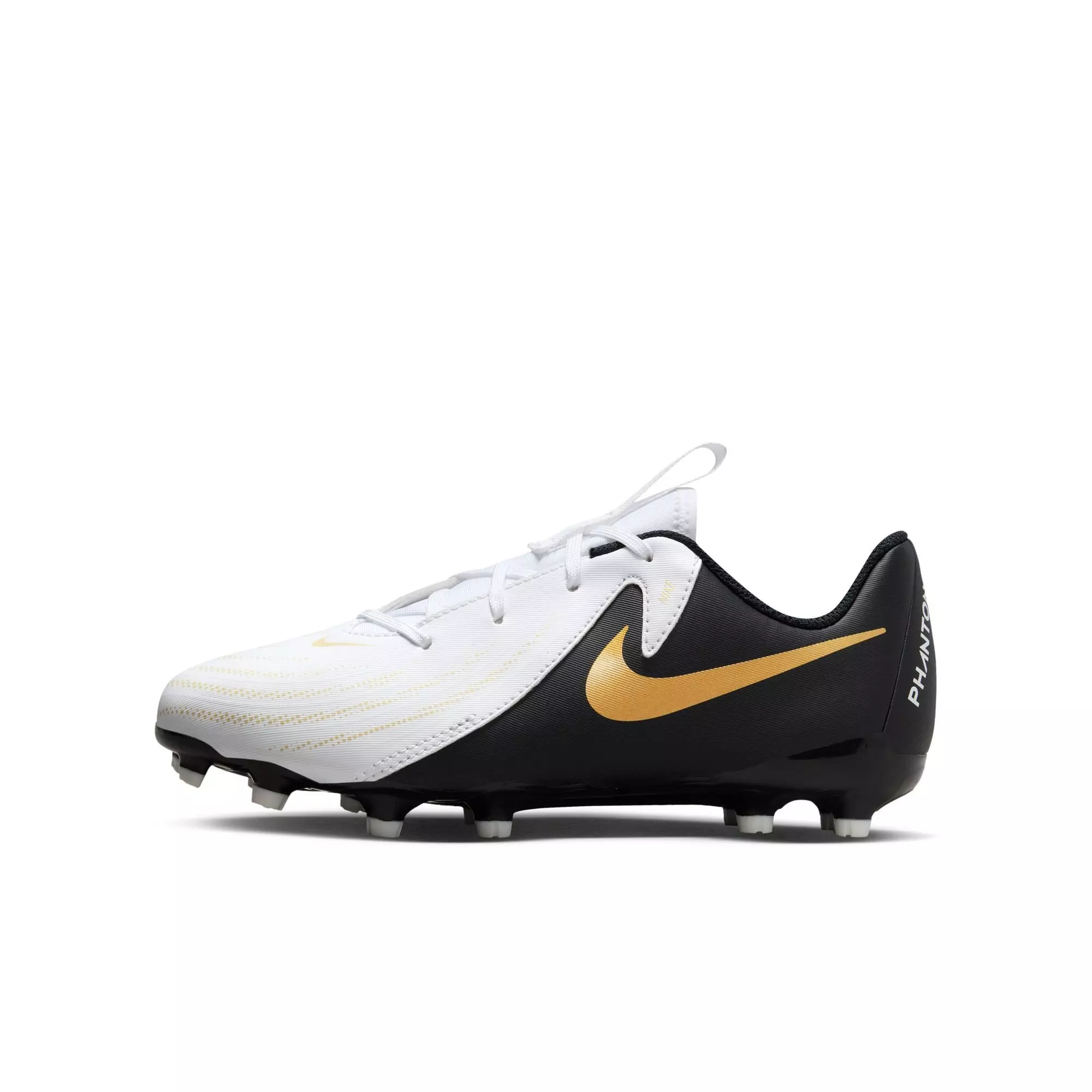Nike Jr. Phantom GX 2 Academy "White/Black/Metallic Gold Coin" Grade School Kids' Soccer Cleat - WHITE/BLACK