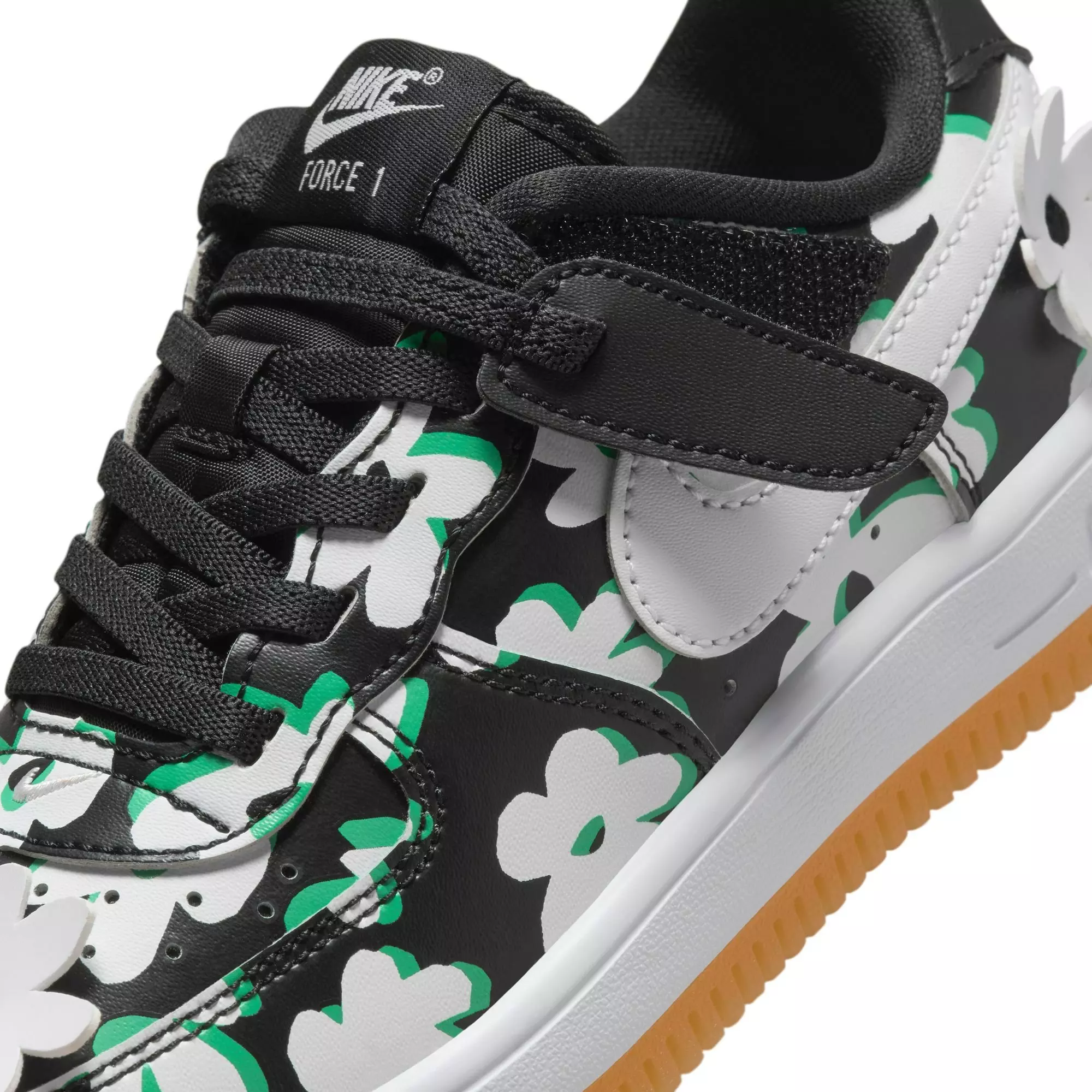 Nike Force 1 Low LV8 EasyOn "Black/White/Spring Green/Gum Light Brown" Preschool Girls' Shoe - BLACK/WHITE/GREEN