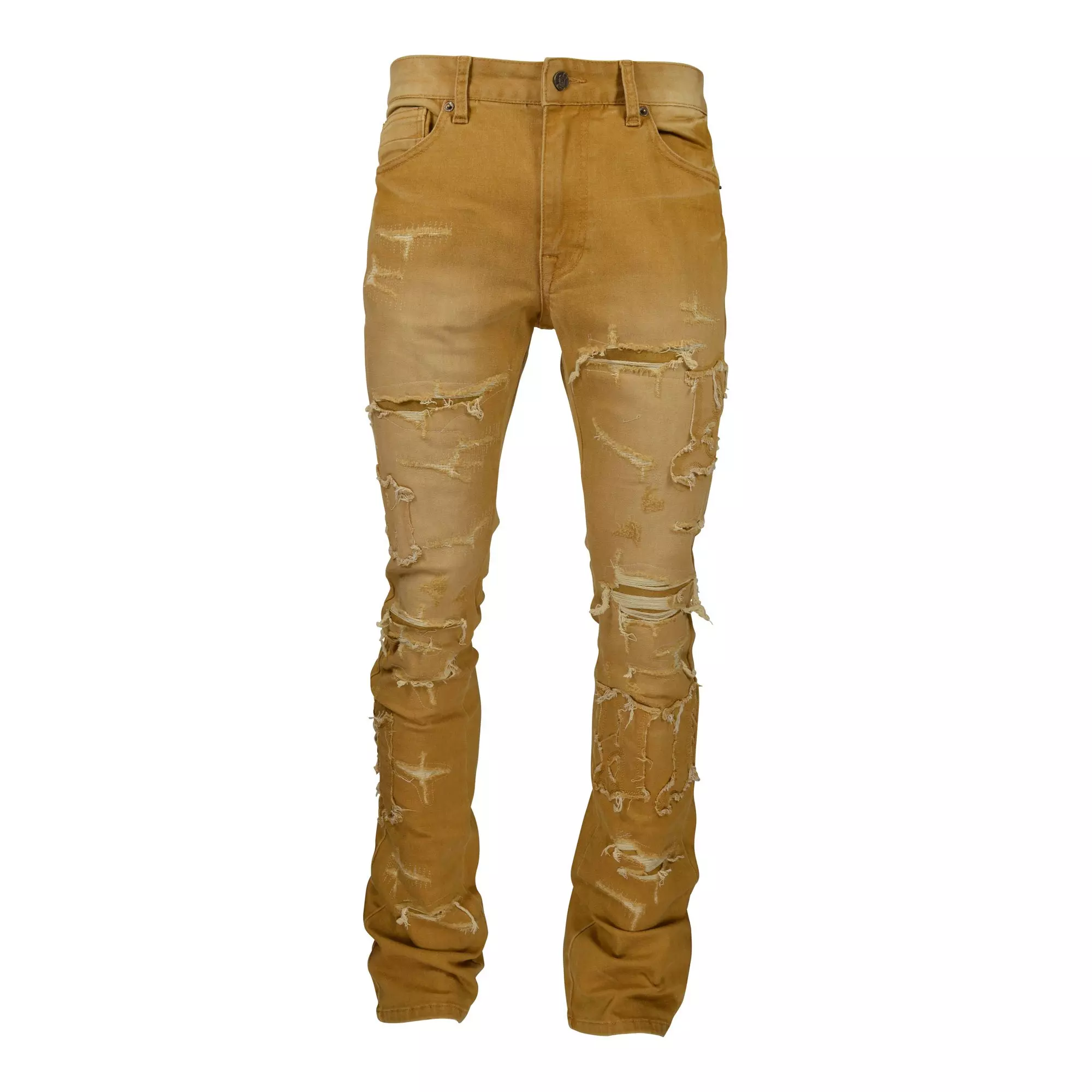 Grindhouse Men's Timber Stacked Flared Ripped Denim Jeans - WHEAT