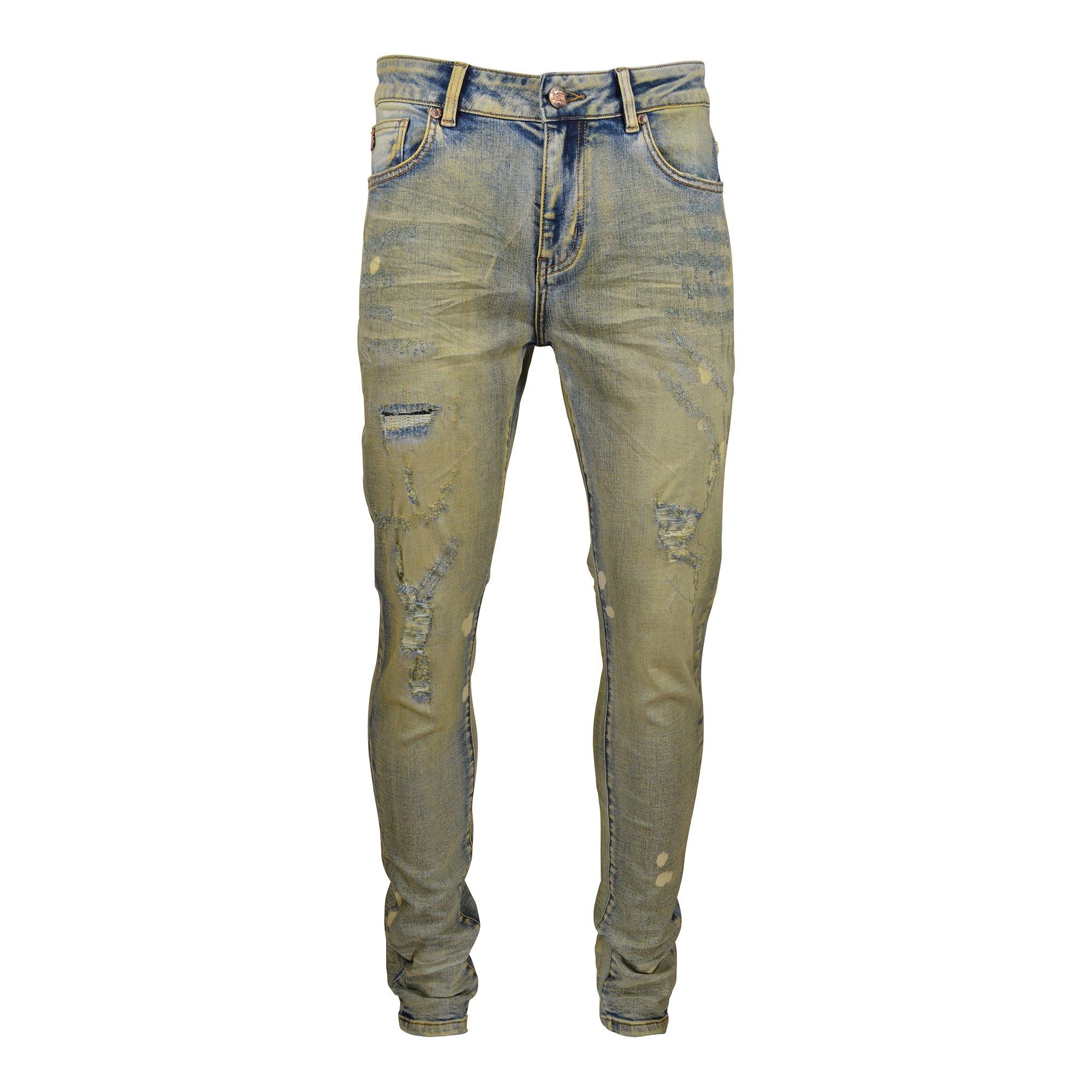 Grindhouse Men's Light Vintage Wash Bleach Spots Slim Fit Denim Jeans