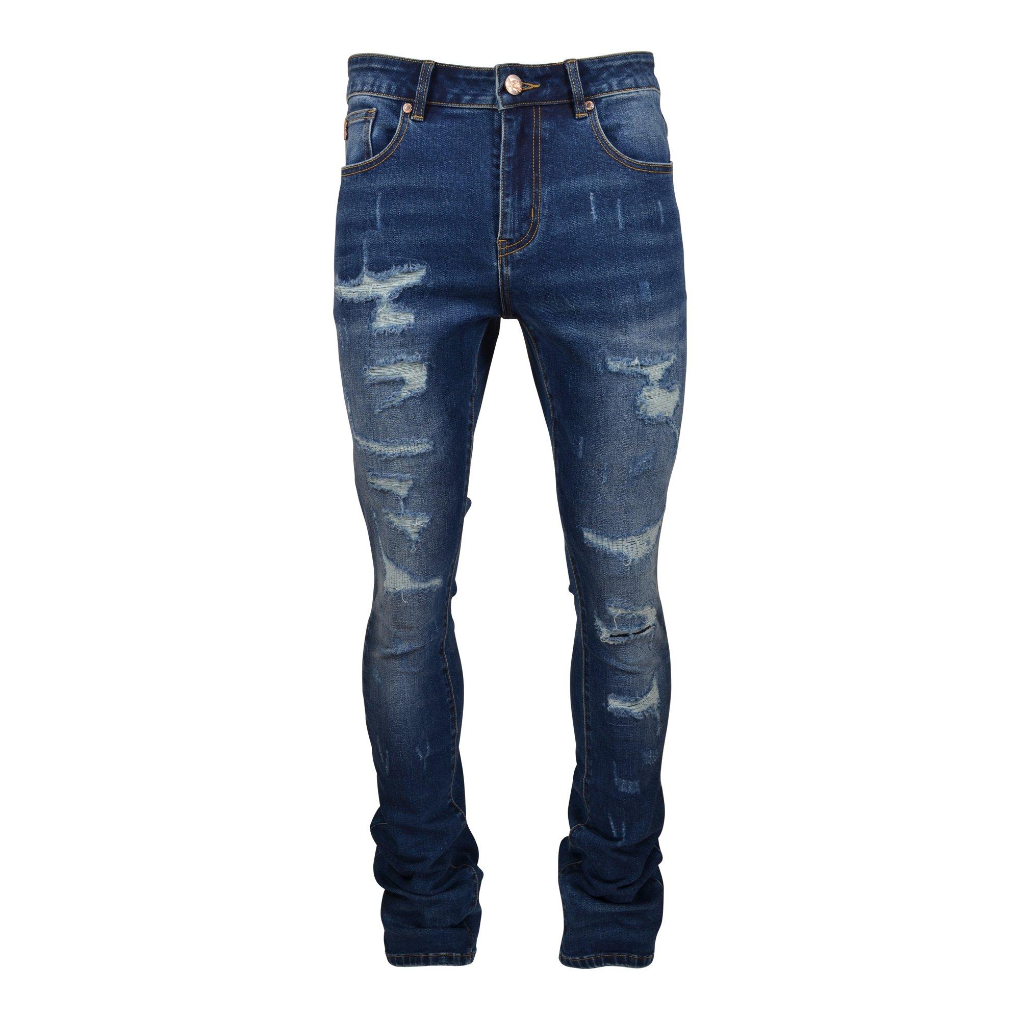Grindhouse Men's Blue Stacked Flare Ripped Slim Fit Jeans - BLUE Thumbnail View 1