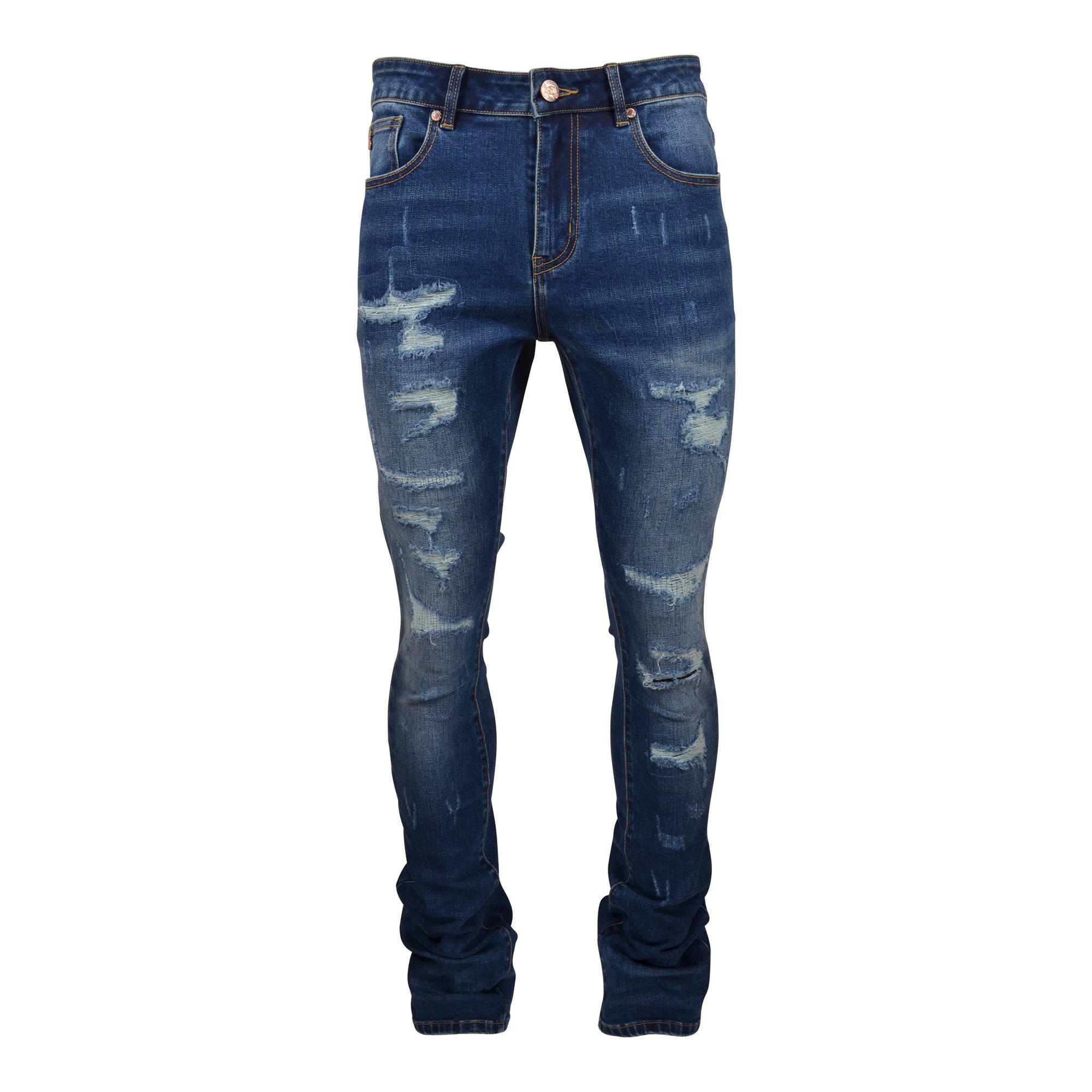 Grindhouse Men's Blue Stacked Flare Ripped Slim Fit Jeans - BLUE