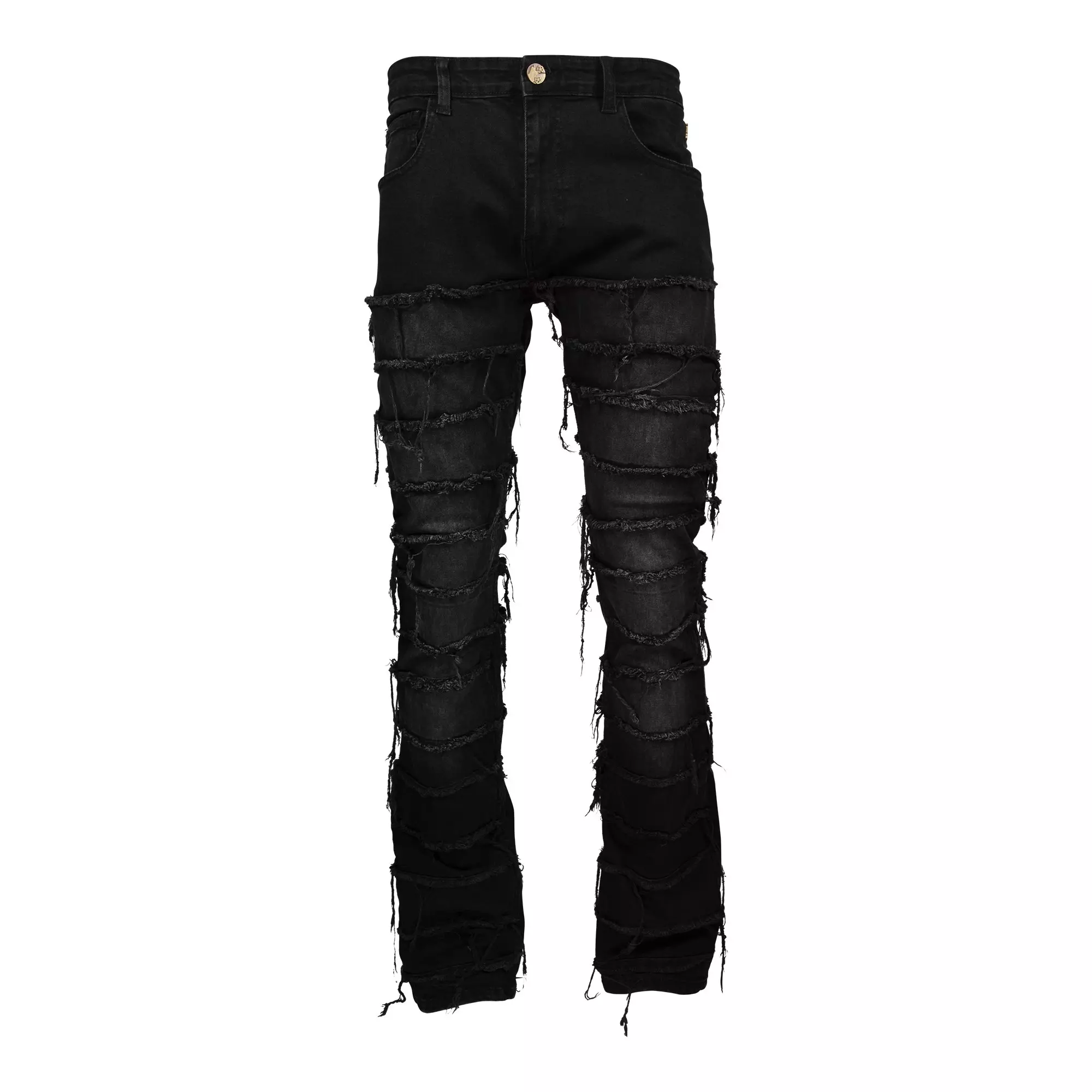 Grindhouse Men's Black Stack Flare Multi Frayed Slim Fit Denim Jeans - BLACK