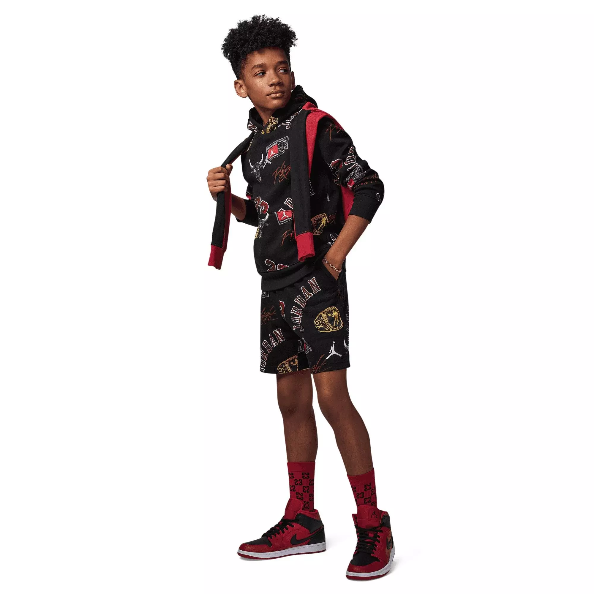 Jordan Big Boys' MJ Essentials Printed Fleece Pullover - BLACK