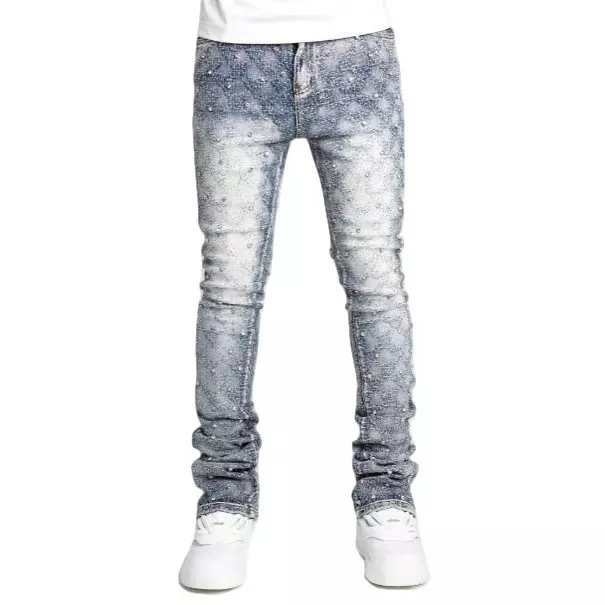 Guapi Men's Aqua Blue Embellish Stack Flared Jeans - BLUE