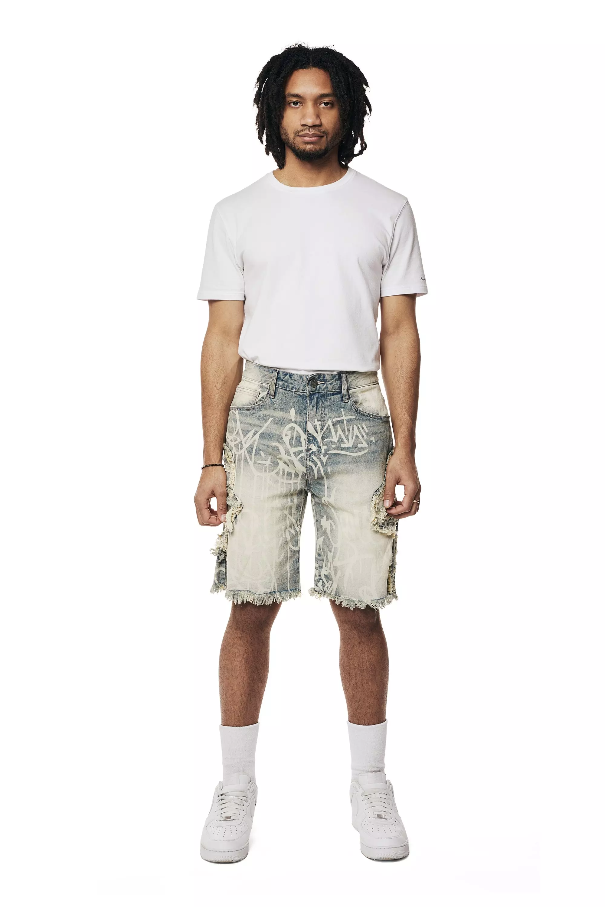 Grindhouse Men's Heavy Rip and Repair Doodle Denim Shorts - Geneva Blue - BLUE