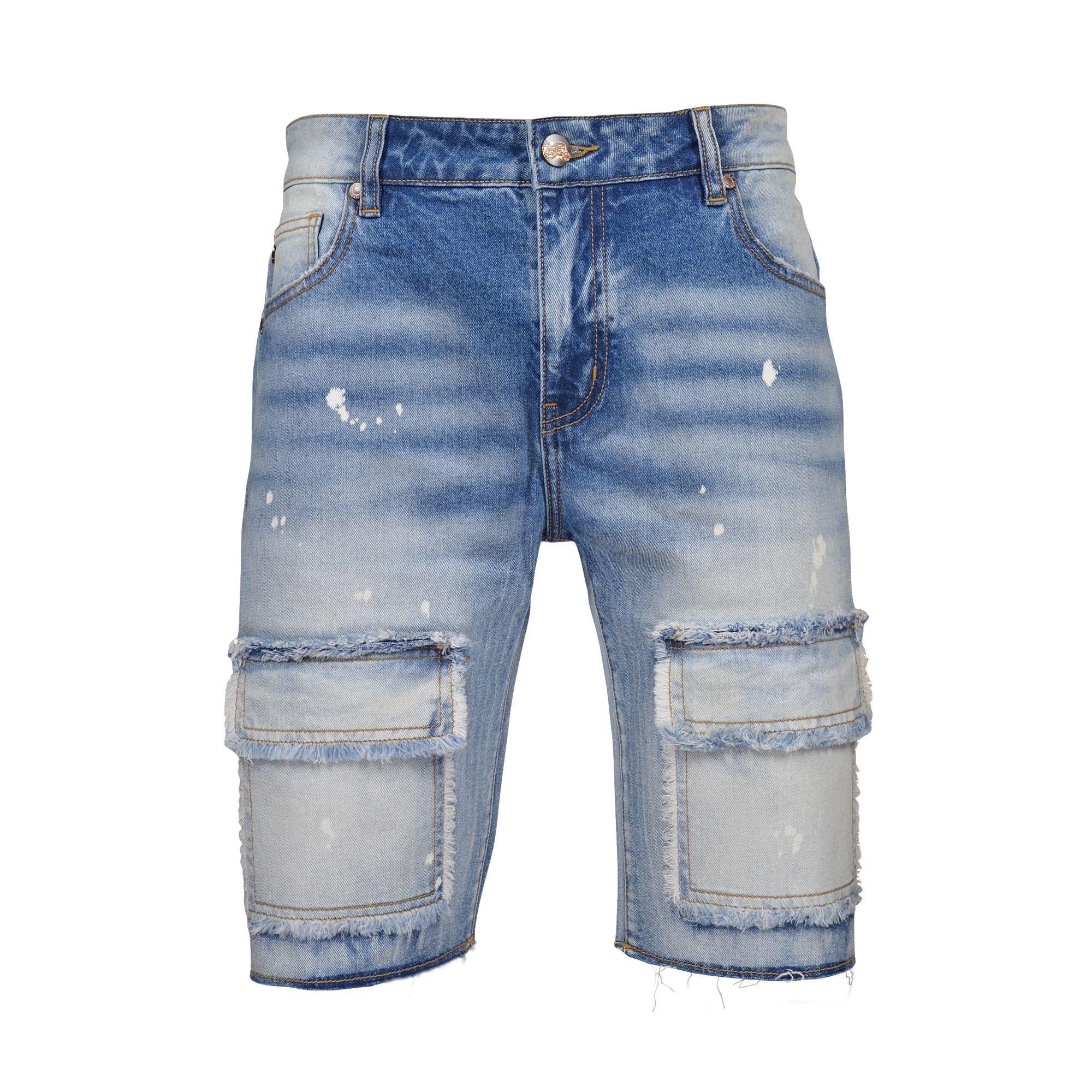 Grindhouse Men's Blue Vintage Wash Frayed Packet Denim Shorts - BLUE