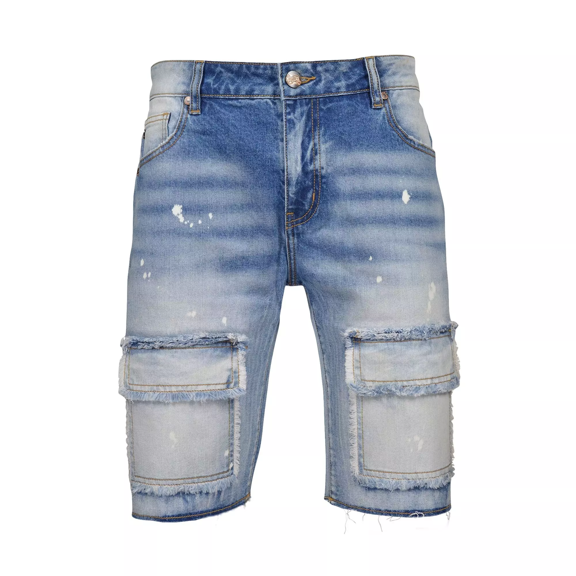 Grindhouse Men's Blue Vintage Wash Frayed Packet Denim Shorts - BLUE
