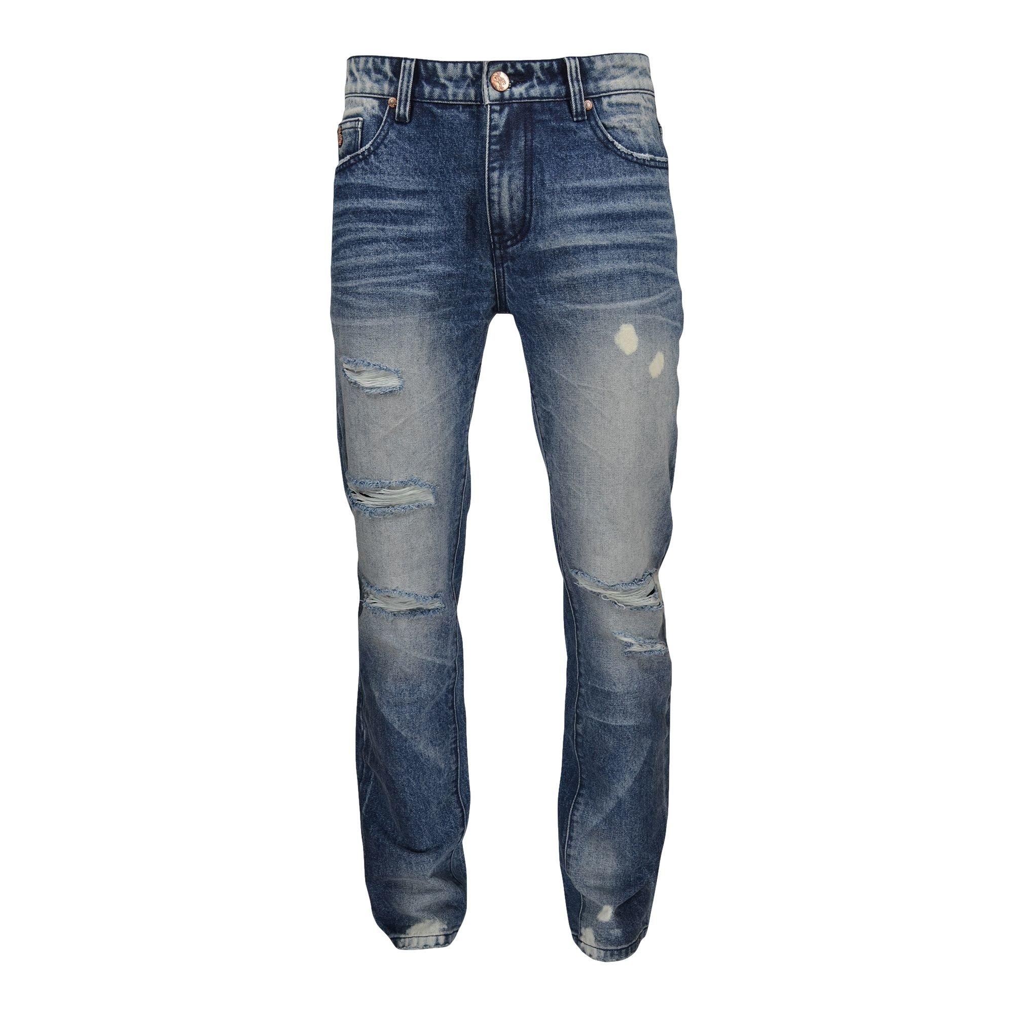 Grindhouse Men's Blue Straight Leg Repaired Denim Jeans - BLUE