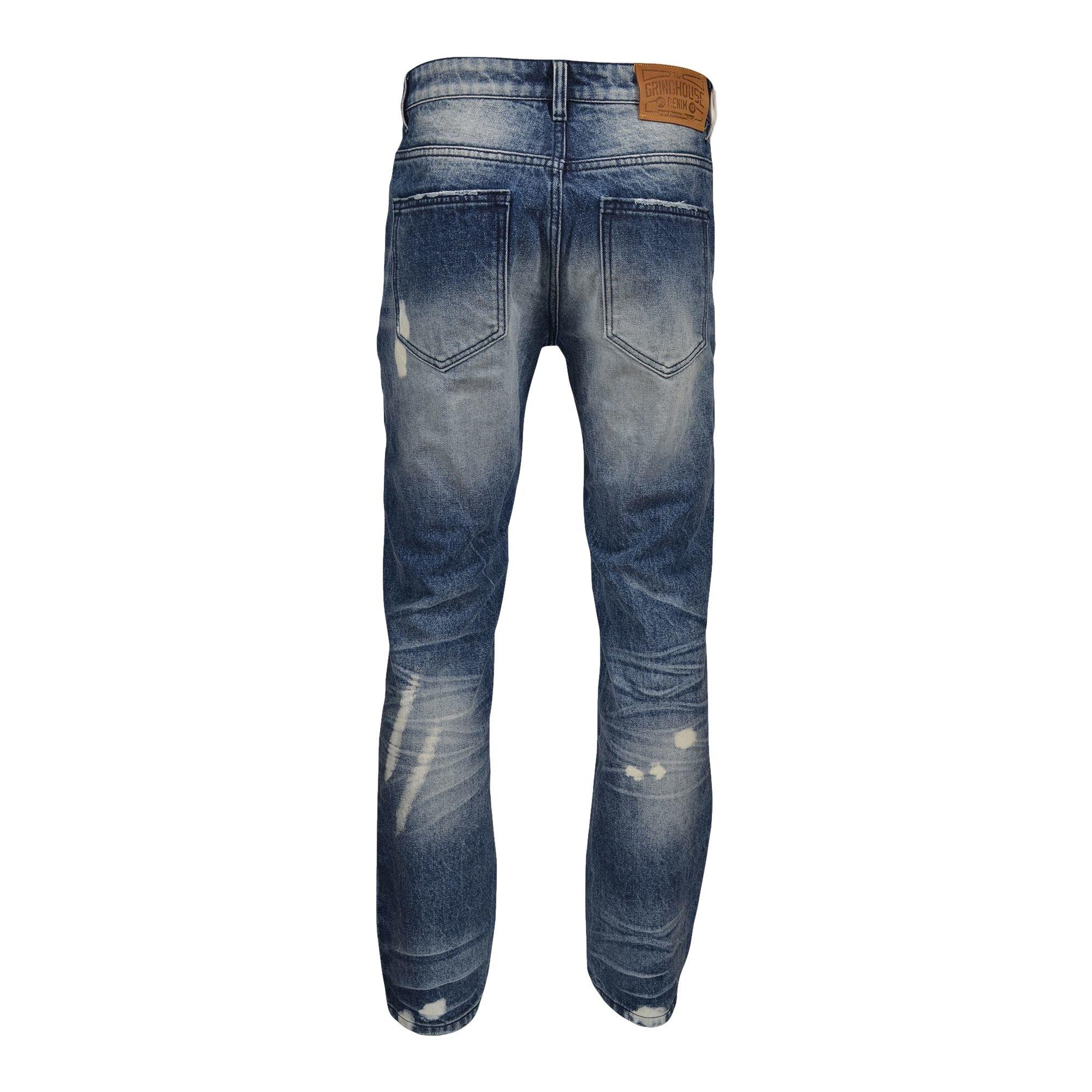 Grindhouse Blue Straight Leg Repaired Denim Men's Jeans