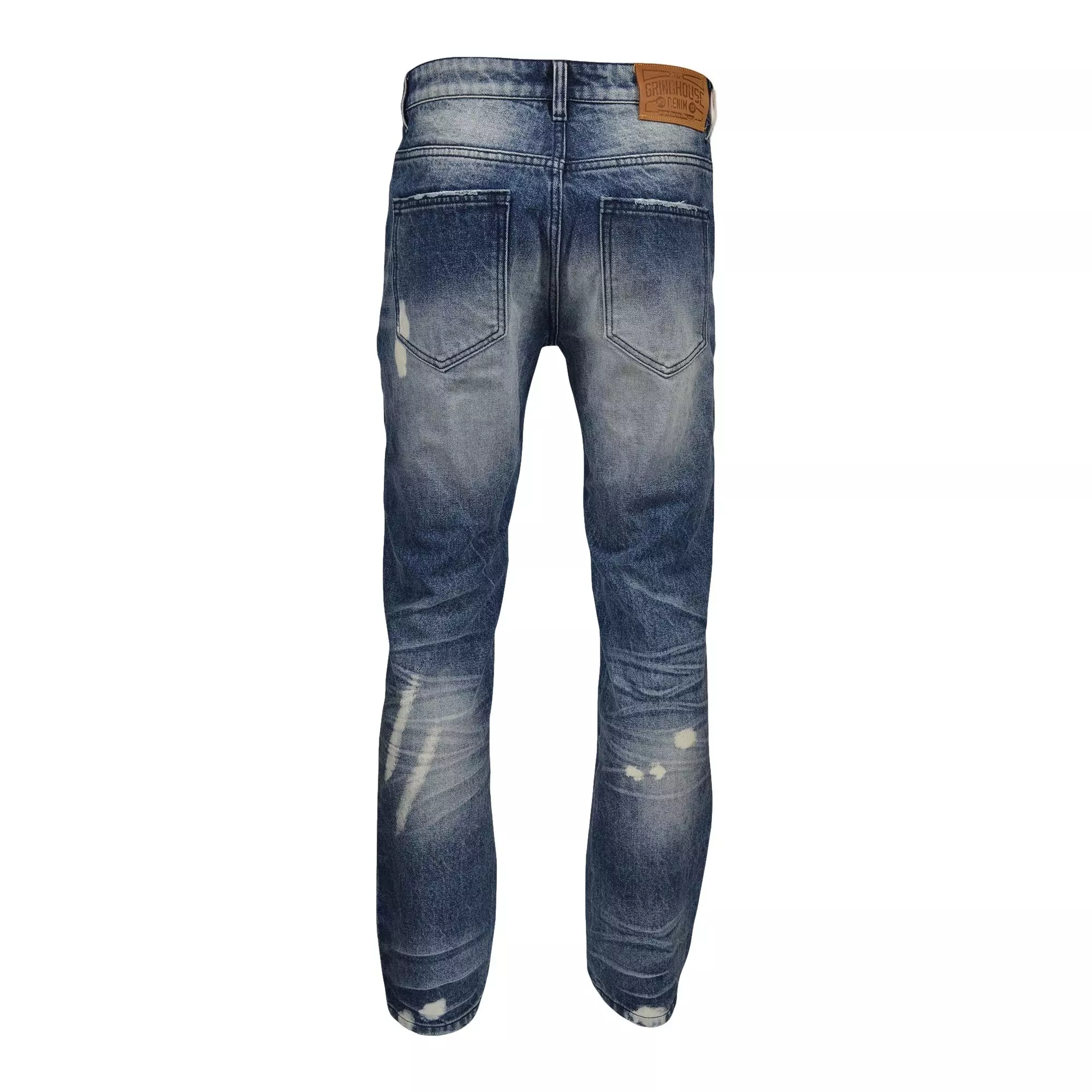 Grindhouse Men's Blue Straight Leg Repaired Denim Jeans - BLUE