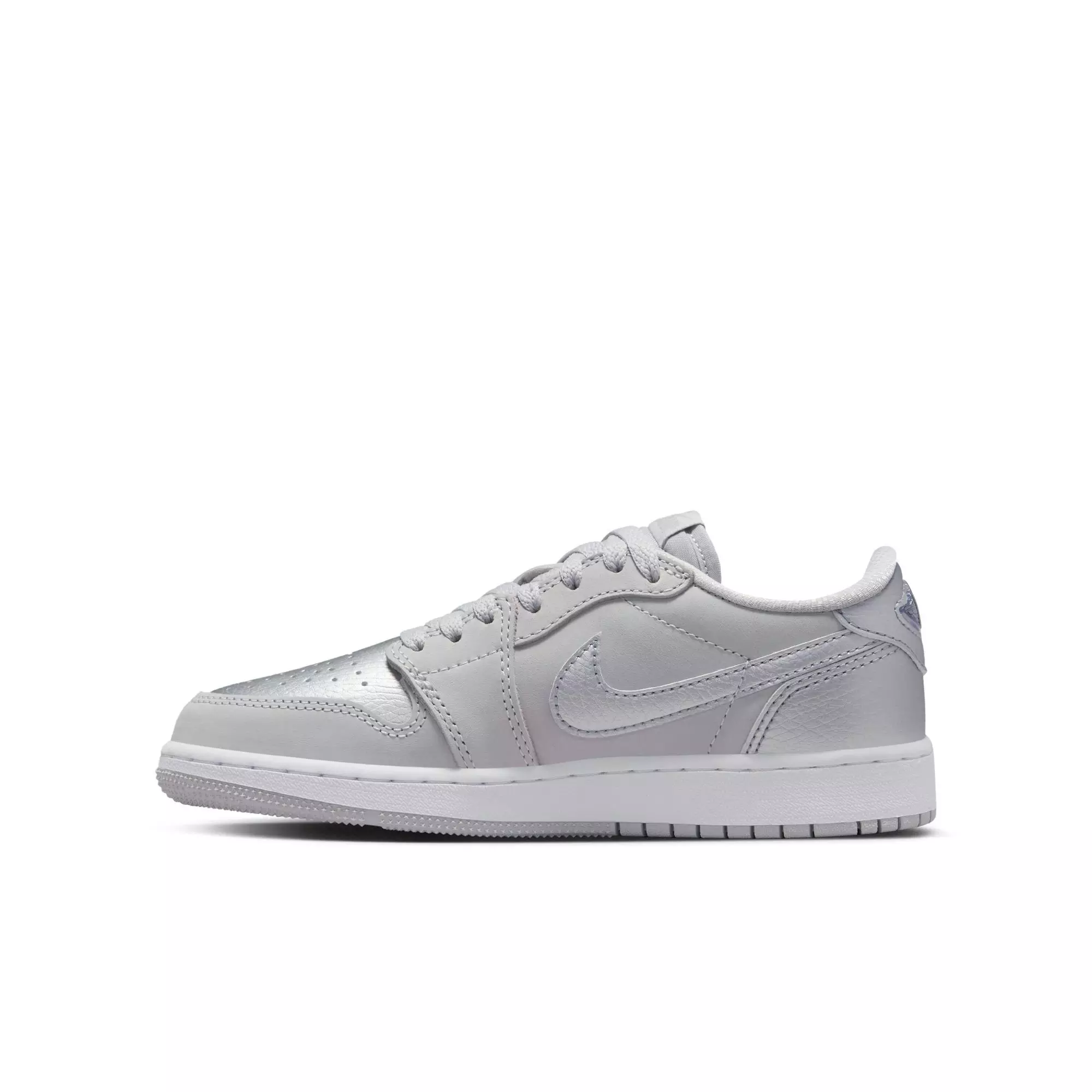 Jordan 1 Retro Low OG "Metallic Silver" Grade School Kids' Shoe - NEUTRAL GREY/METALLIC SILVER/WHITE