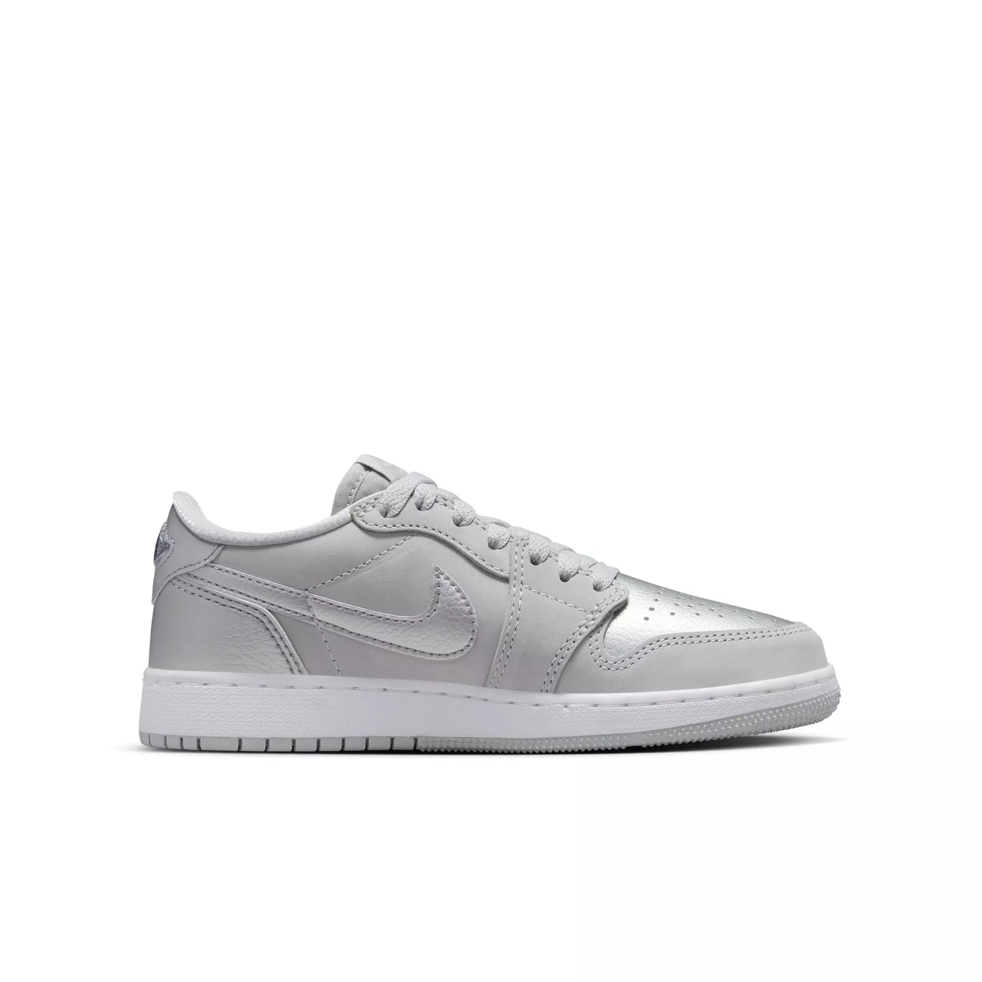 Jordan 1 Retro Low OG "Metallic Silver" Grade School Kids' Shoe - NEUTRAL GREY/METALLIC SILVER/WHITE
