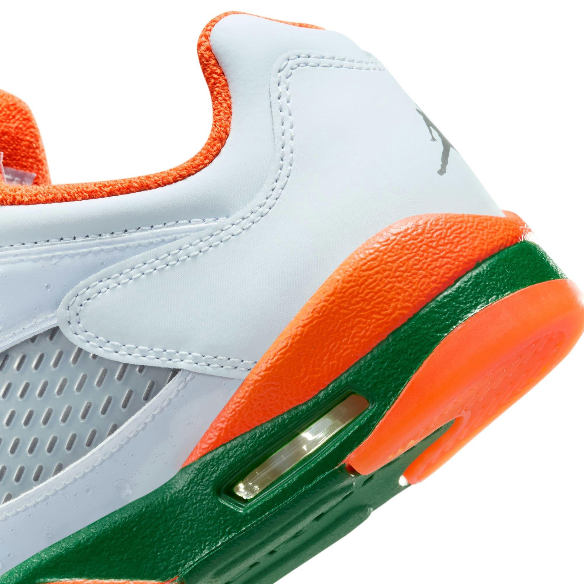 Jordan 5 Retro Low "Hurricanes" Grade School Kids' Shoe - FOOTBALL GREY/BRILLIANT ORNGE/PINE GREEN Thumbnail View 5