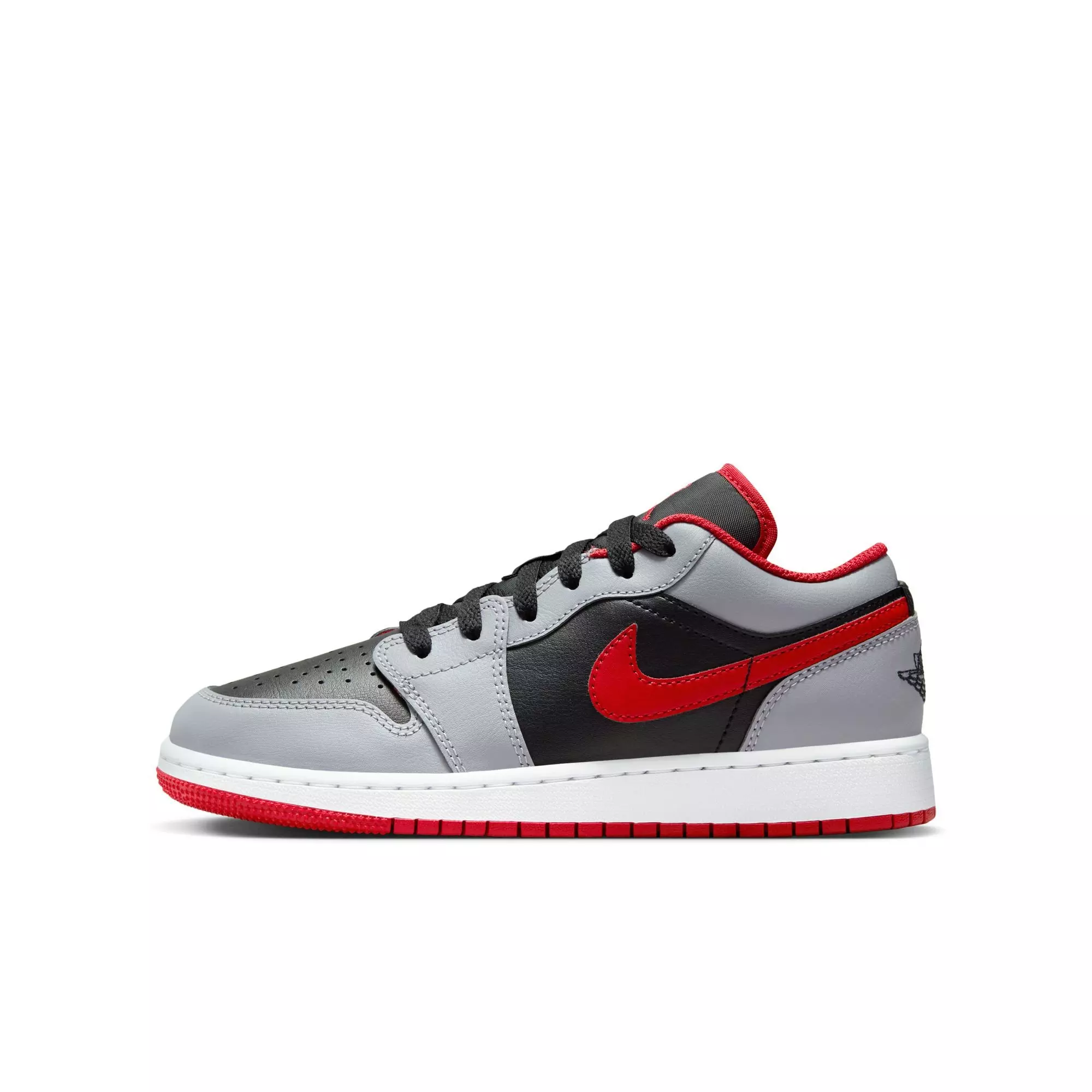 Jordan 1 Low "Black/Fire Red/Cement Grey/White" Grade School Boys' Shoe - GREY/BLACK/RED