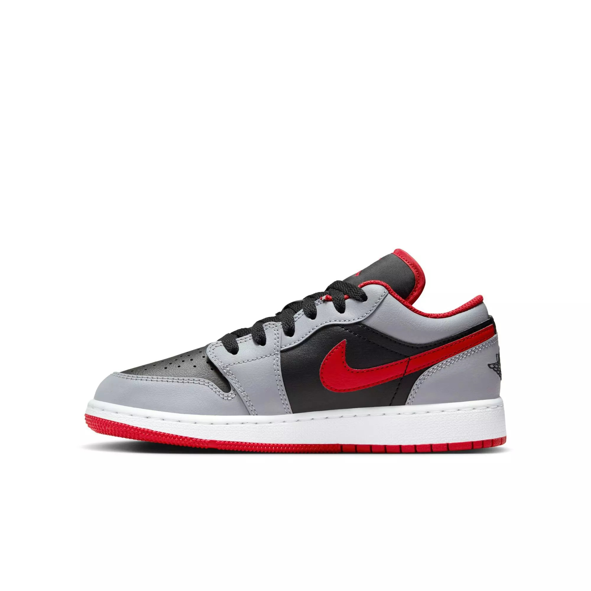 Jordan 1 Low "Black/Fire Red/Cement Grey/White" Grade School Boys' Shoe - GREY/BLACK/RED