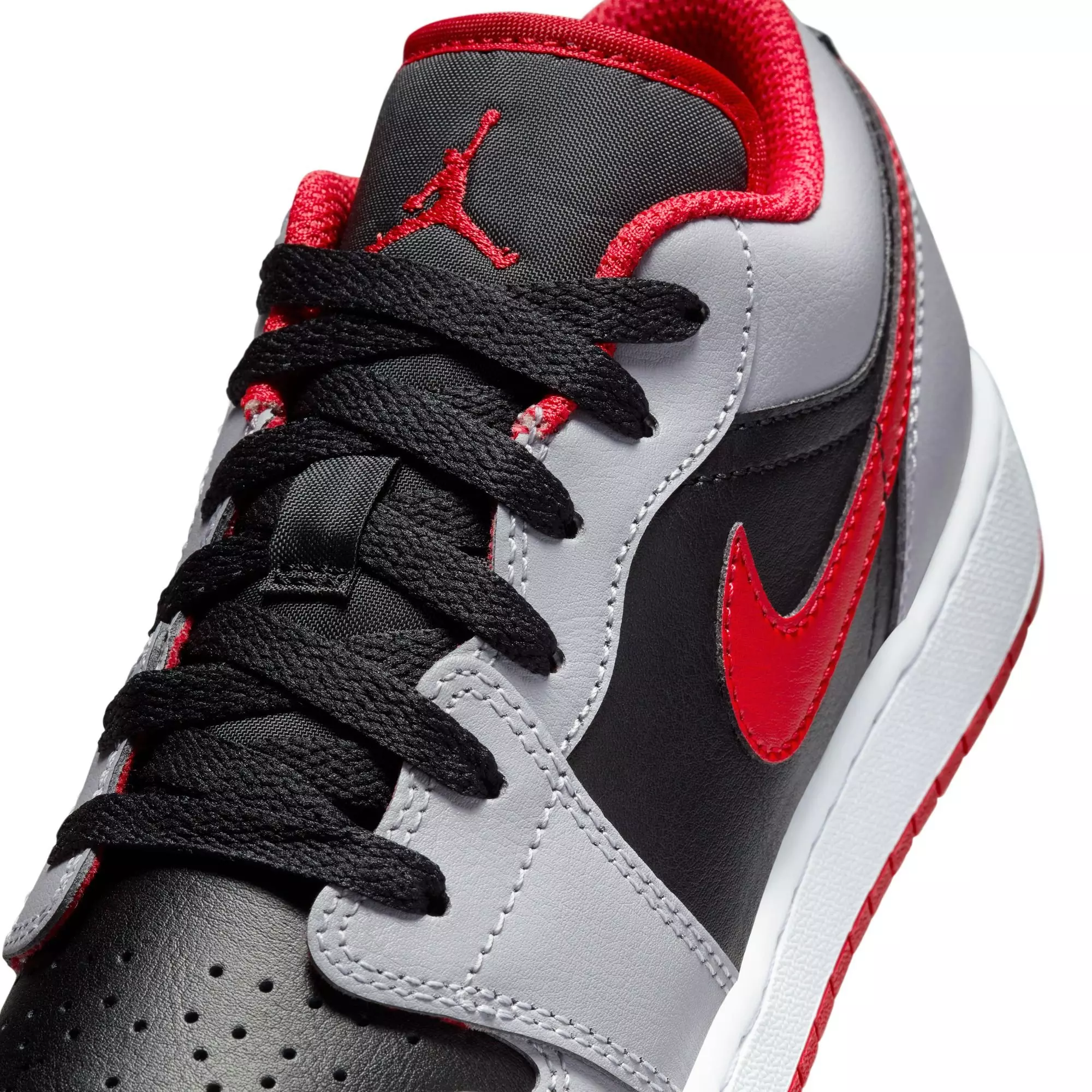 Jordan 1 Low "Black/Fire Red/Cement Grey/White" Grade School Boys' Shoe - GREY/BLACK/RED
