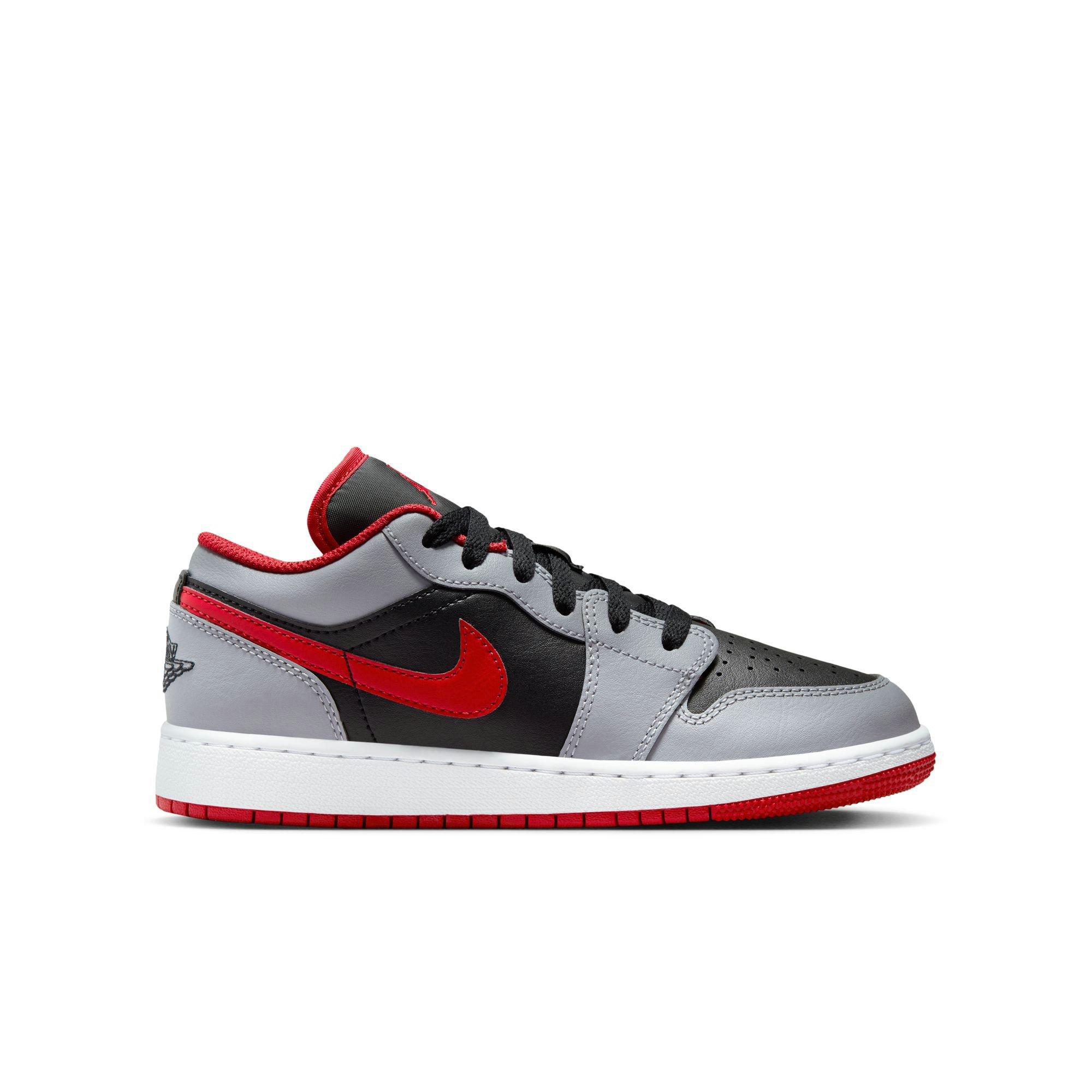 Jordan 1 Low "Black/Fire Red/Cement Grey/White" Grade School Boys' Shoe - GREY/BLACK/RED Thumbnail View 1