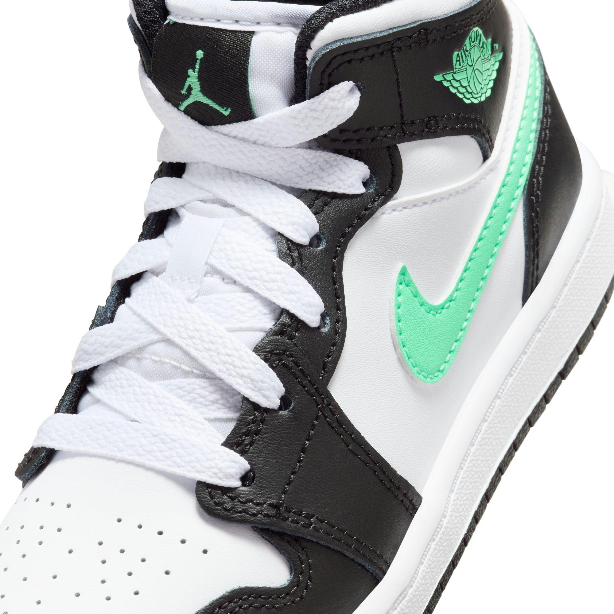 Jordan 1 Mid "White/Green Glow/Black" Preschool Boys' Shoe - WHITE/BLACK/GREEN Thumbnail View 10